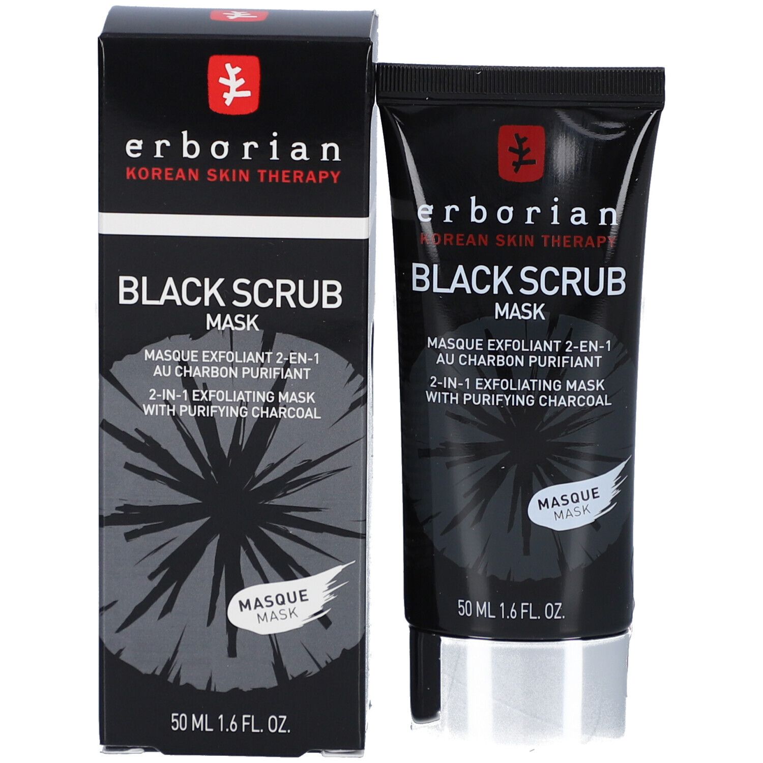 Schwarze Tube und Schachtel. Aufschrift: BLACK SCRUB MASK. Marke: Erborian. 50 ml.