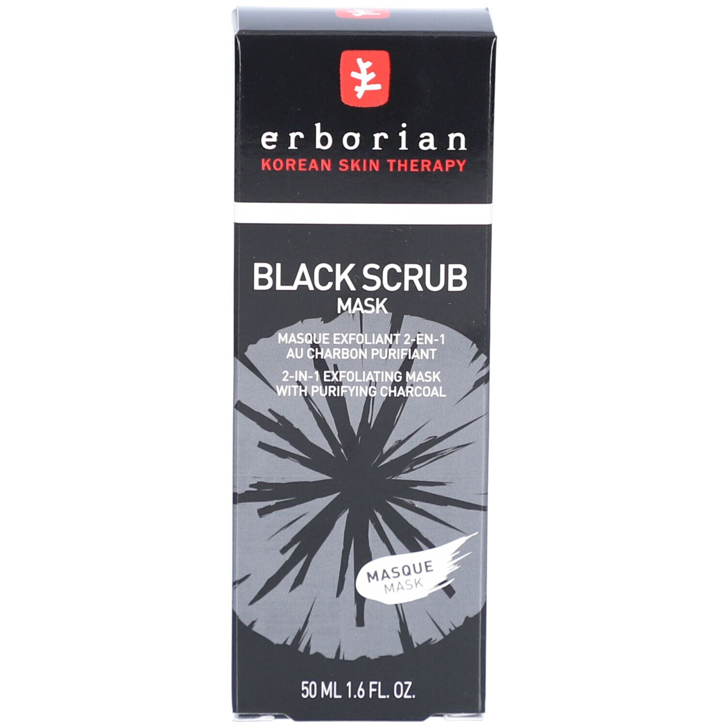 Schwarze Schachtel. Aufschrift: BLACK SCRUB MASK. Marke: Erborian. 50 ml.