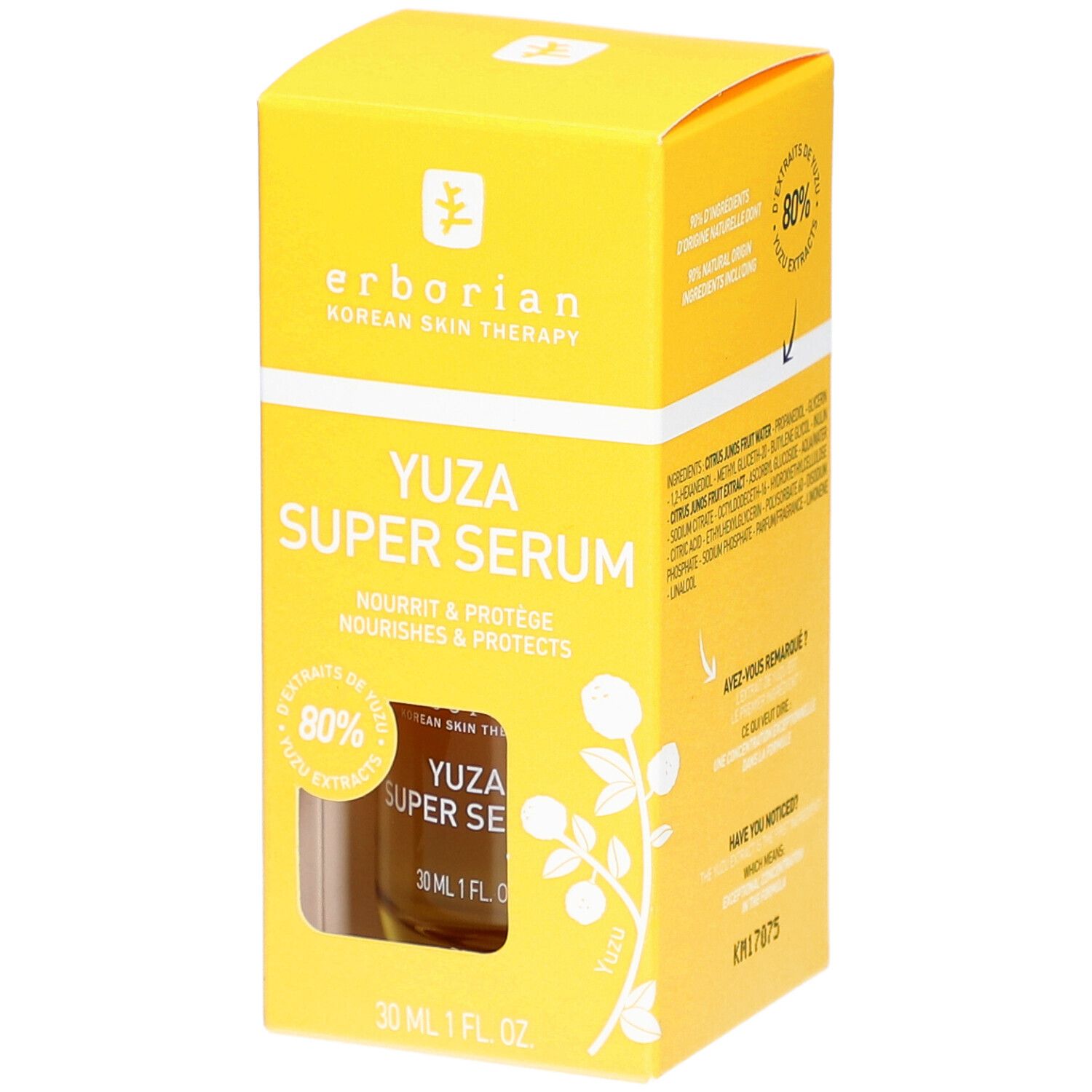 Gelbe Verpackung mit "YUZA SUPER SERUM"-Schriftzug. Enthält 80% Yuzu-Extrakt. Flasche sichtbar.