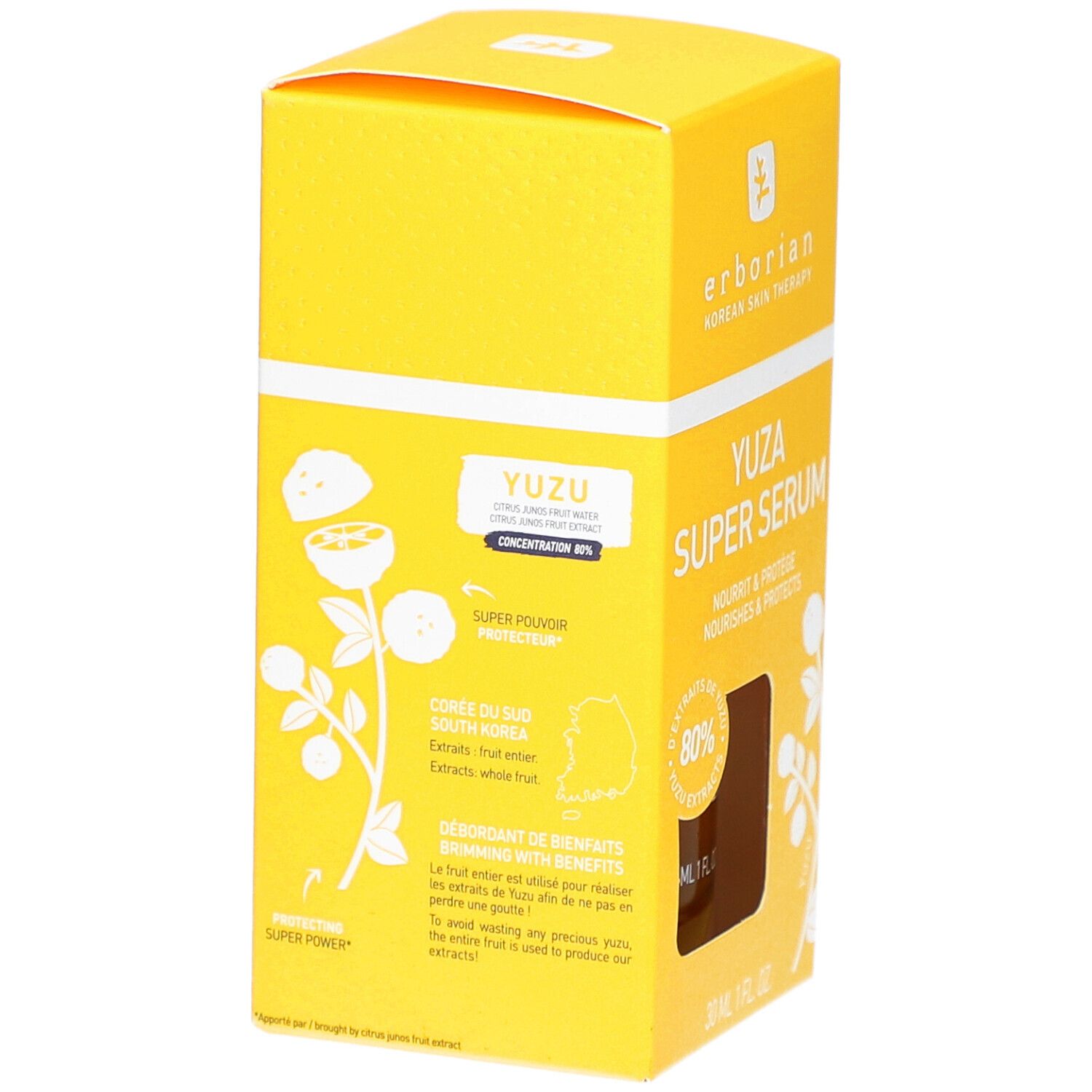 Gelbe Verpackung mit "YUZA SUPER SERUM". Enthält 80% Yuzu-Extrakt. Text über Yuzu-Extrakt.