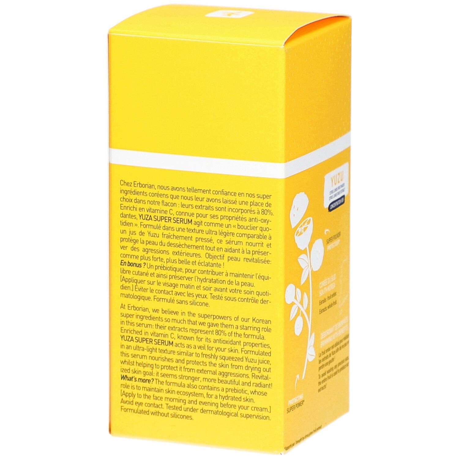 Gelbe Verpackung mit Text. Beschreibt Inhaltsstoffe und Vorteile des Serums. "YUZA SUPER SERUM"-Logo.