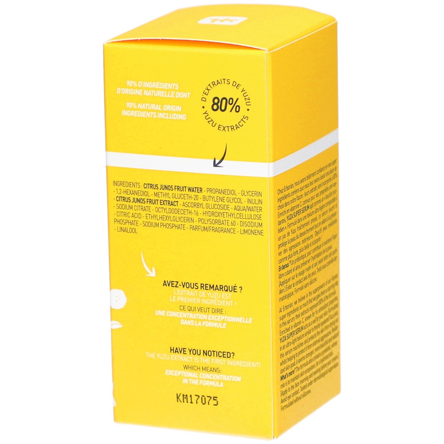 Gelbe Verpackung mit Inhaltsstoffliste und Text. Enthält 80% Yuzu-Extrakt. KM17075.