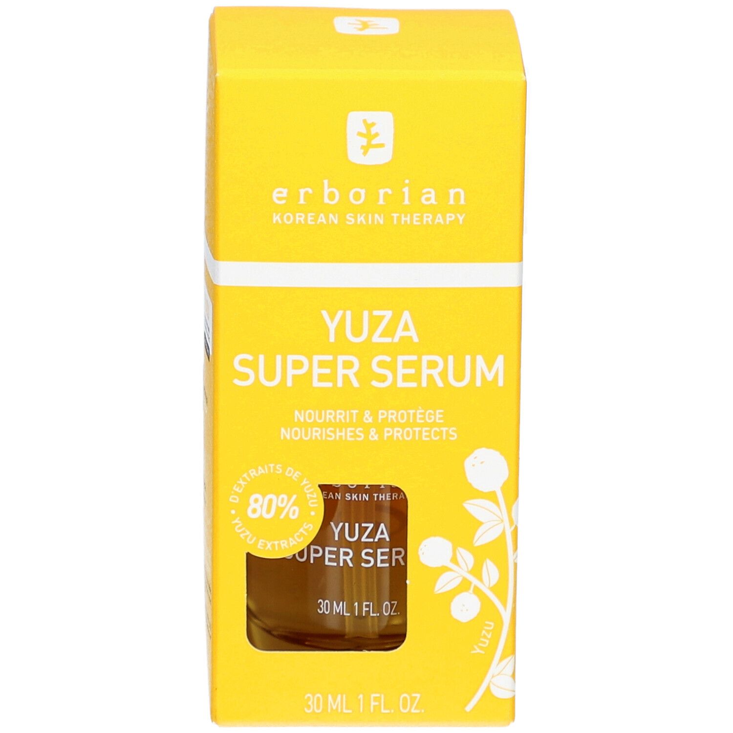 Gelbe Verpackung mit "YUZA SUPER SERUM". Enthält 80% Yuzu-Extrakt. Flasche sichtbar.