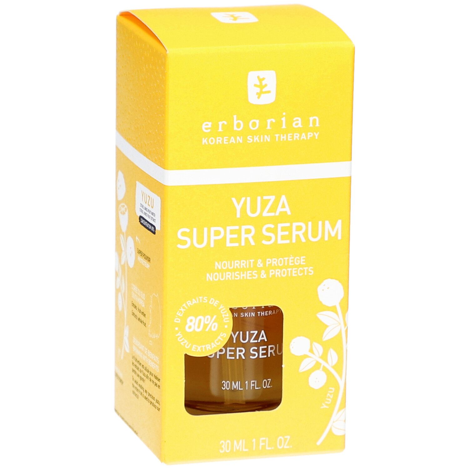 Gelbe Verpackung mit "YUZA SUPER SERUM". Enthält 80% Yuzu-Extrakt. Flasche sichtbar.