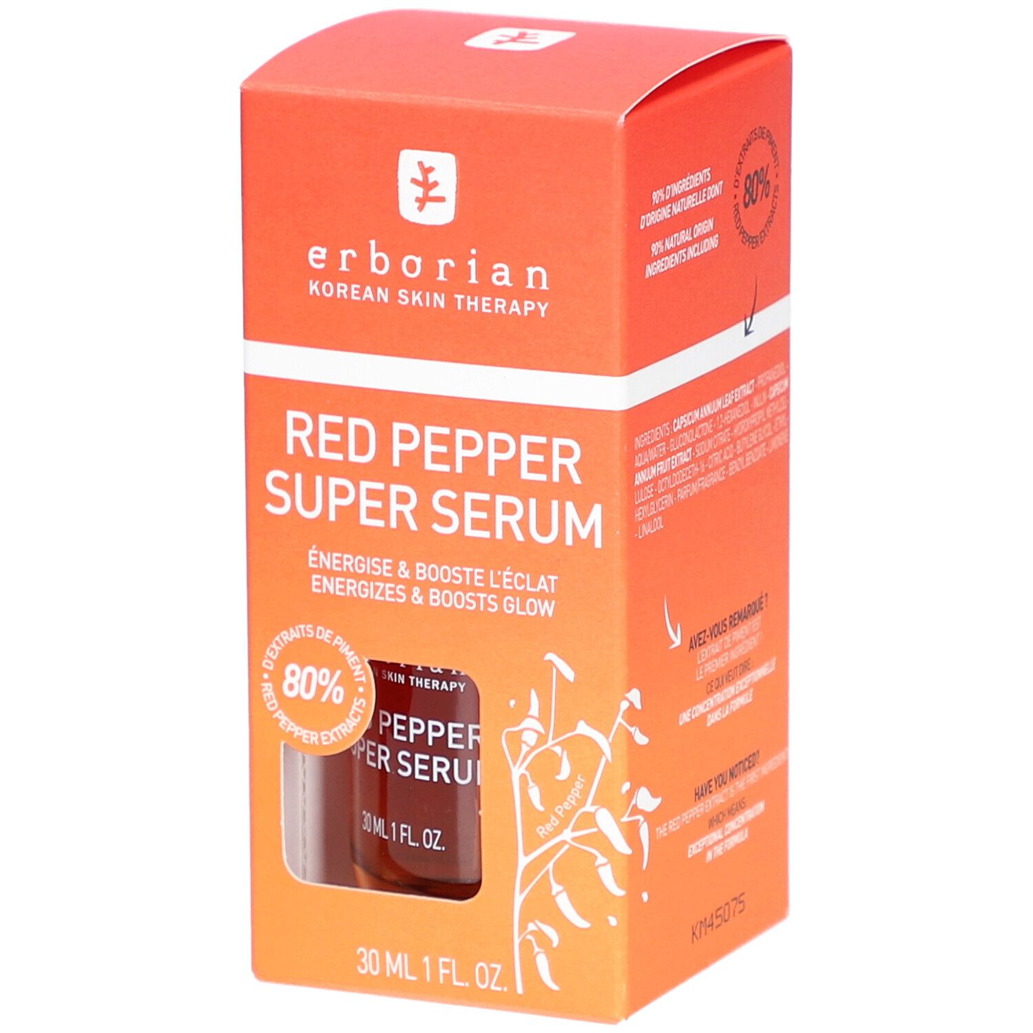 Verpackung mit Produktnamen: RED PEPPER SUPER SERUM. Enthält eine kleine Flasche. Orangefarbener Karton mit Produktinformationen und Logo.