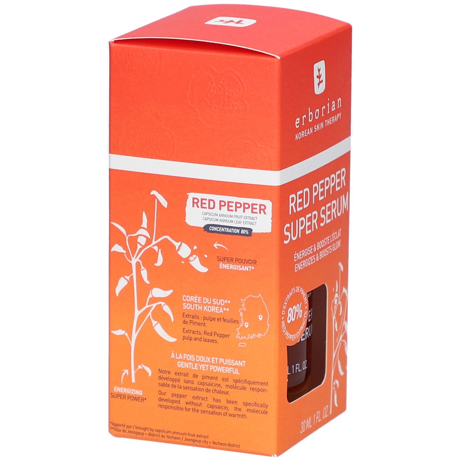 Orangefarbene Verpackung mit Produktnamen: RED PEPPER SUPER SERUM. Enthält Informationen über Inhaltsstoffe und Herkunft. Logo und Schriftzug.