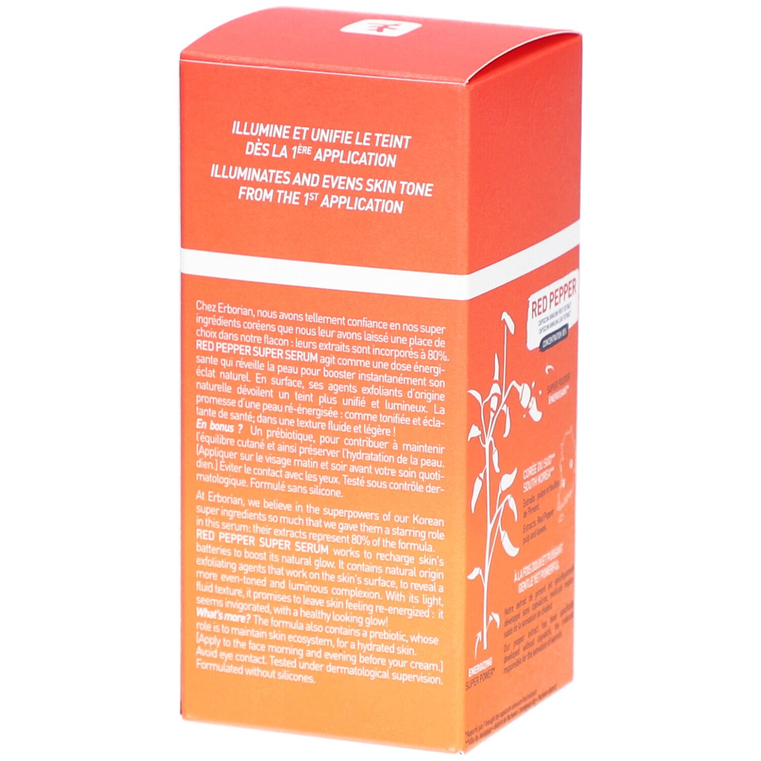 Rückseite der orangefarbenen Verpackung mit Produktnamen: RED PEPPER SUPER SERUM. Textinformationen, Logo und Schriftzug. Enthält Inhaltsstoffe.
