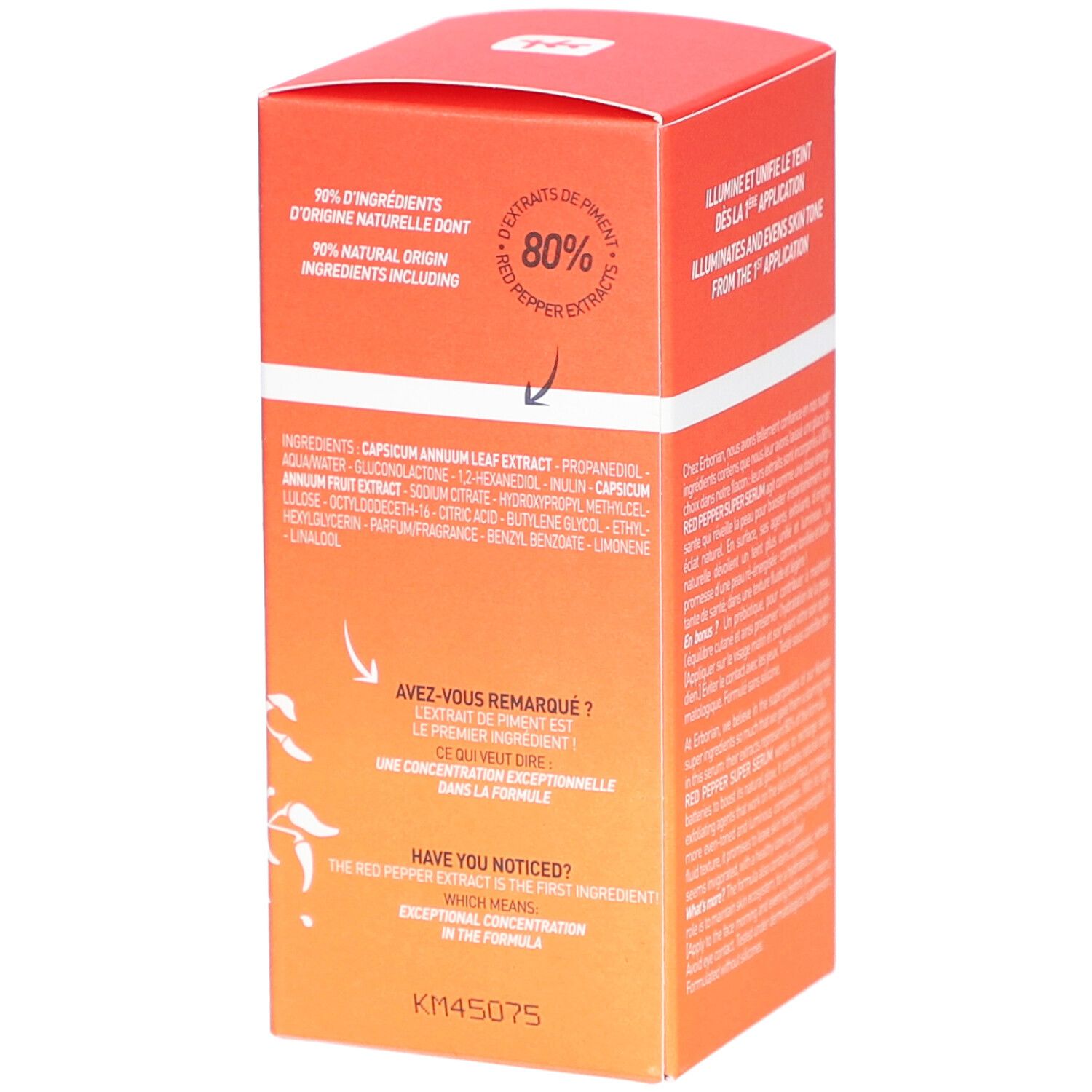 Rückseite der orangefarbenen Verpackung mit Produktnamen: RED PEPPER SUPER SERUM. Enthält Inhaltsstoffe und Textinformationen. Logo und Schriftzug.