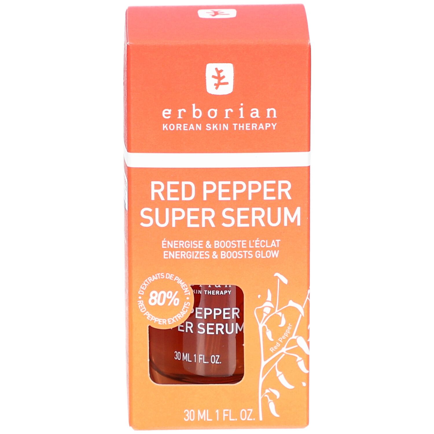 Produktverpackung mit Produktnamen: RED PEPPER SUPER SERUM. Enthält eine kleine Flasche. Orangefarbener Karton mit Produktinformationen und Logo.