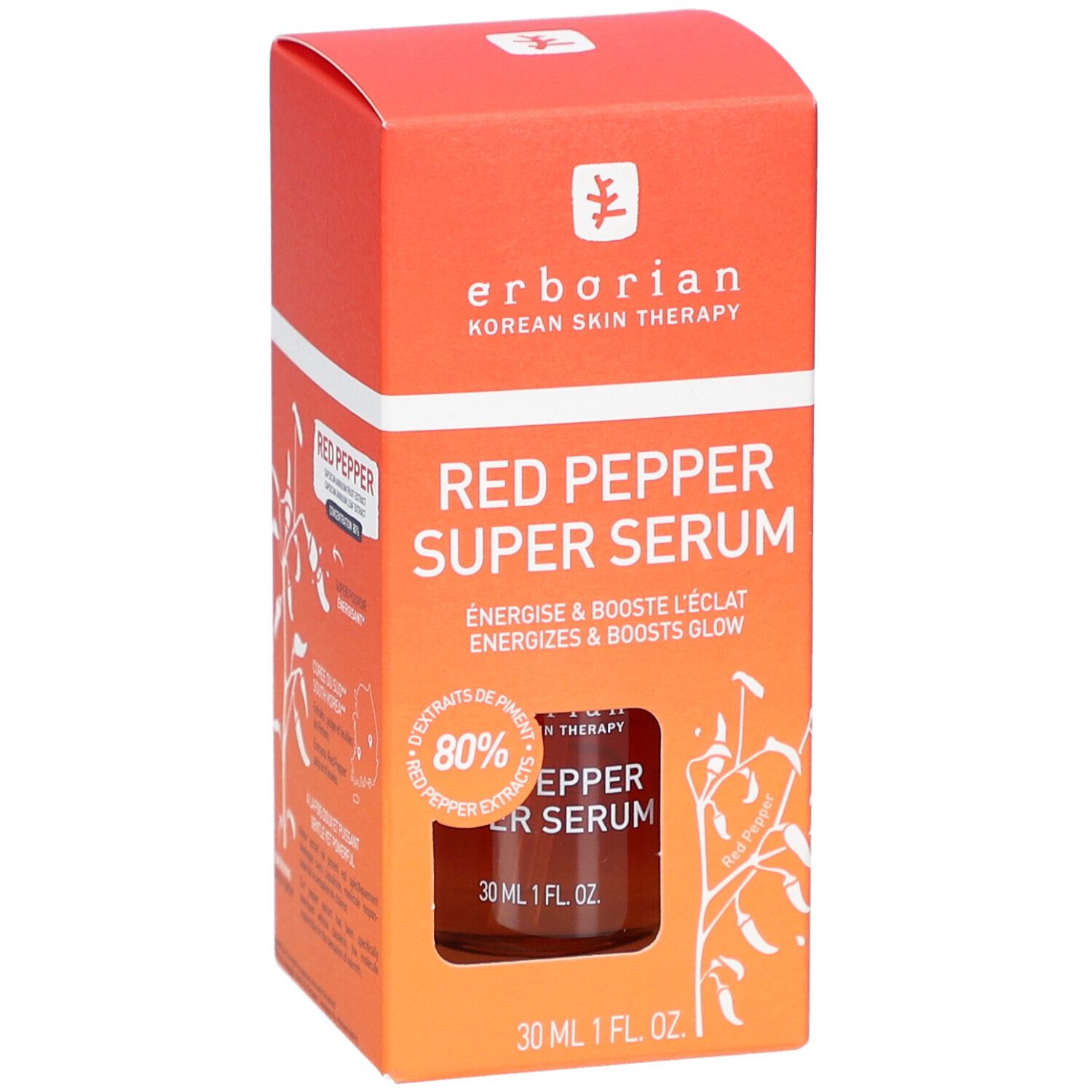 Produktverpackung mit Produktnamen: RED PEPPER SUPER SERUM. Enthält eine kleine Flasche. Orangefarbener Karton mit Produktinformationen und Logo.