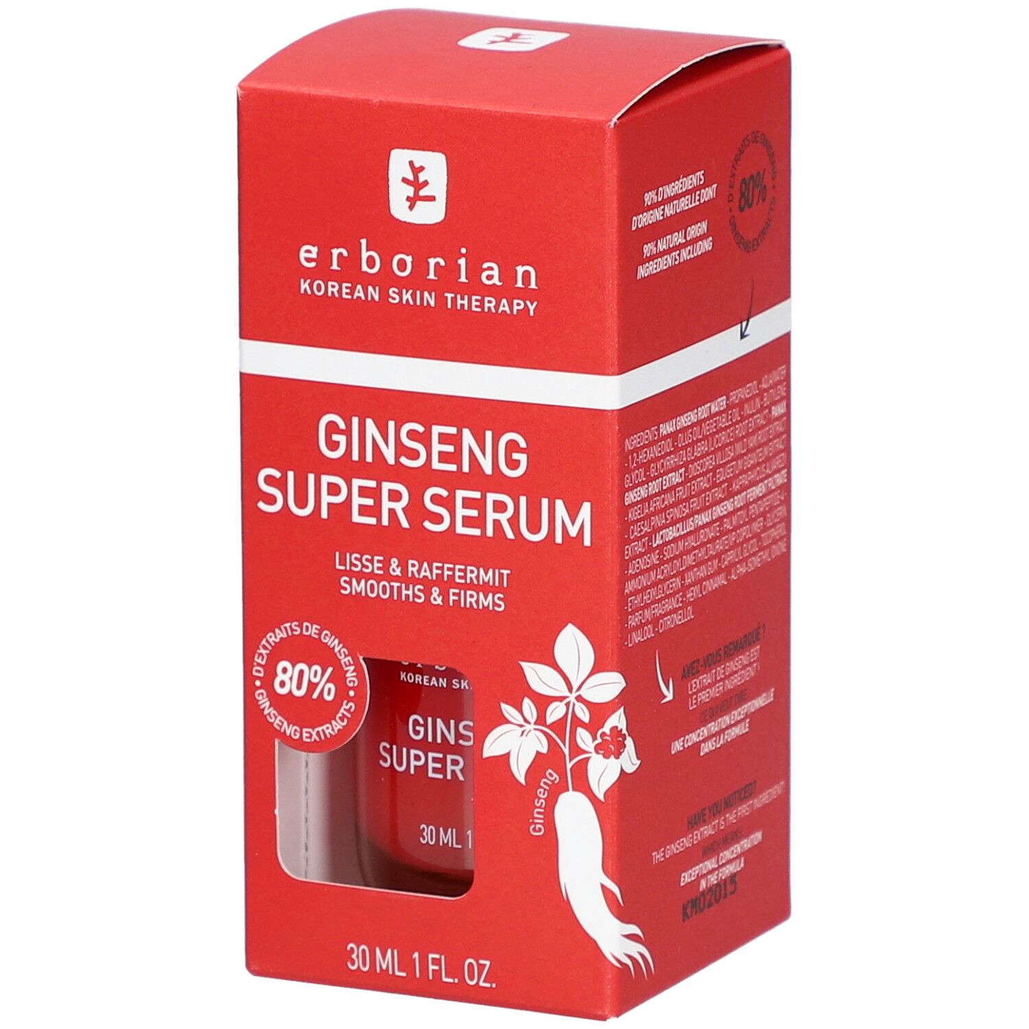 Rote Verpackung mit Produkt und Schriftzug "GINSENG SUPER SERUM". Enthält 80% Ginseng-Extrakt. 30 ml Flasche.
