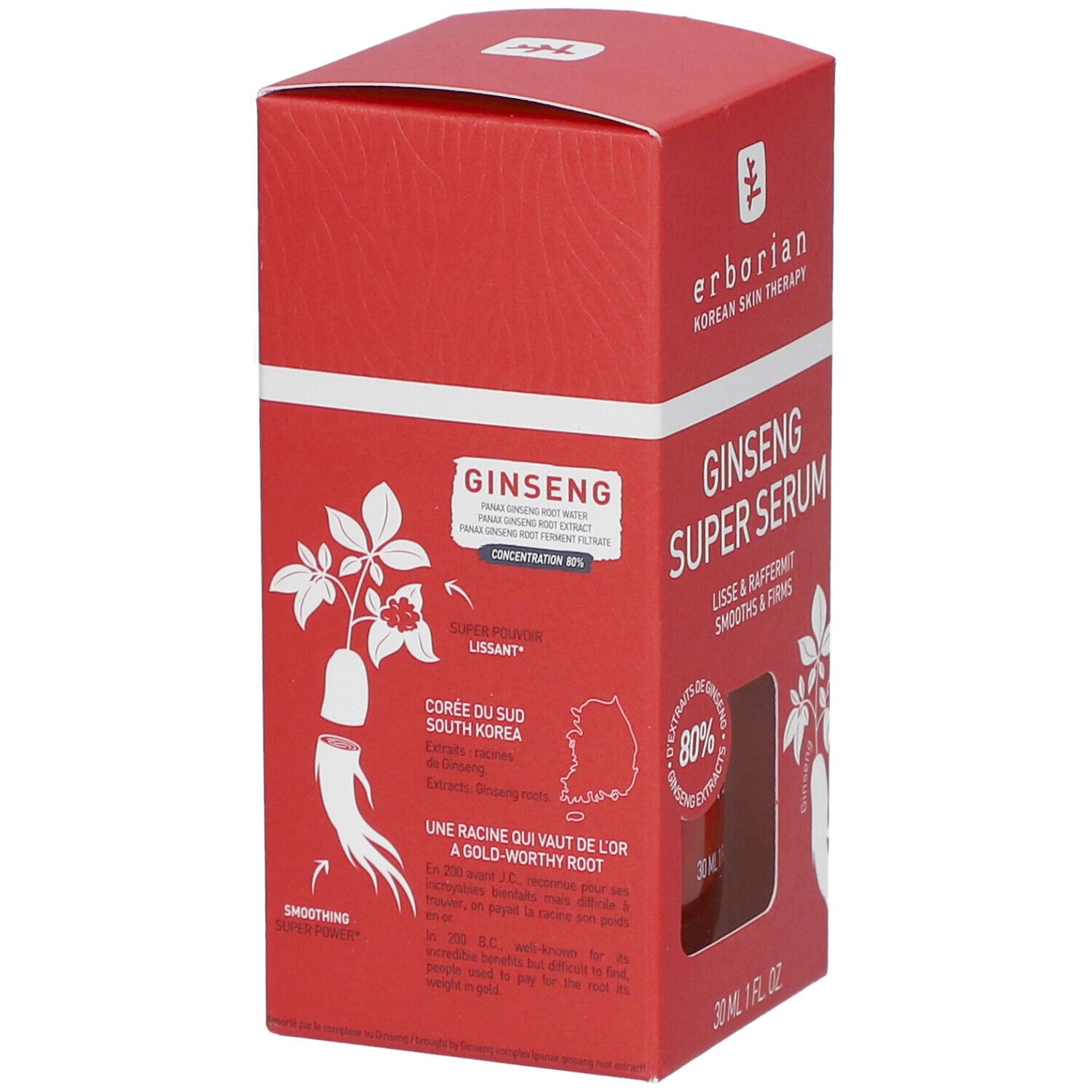 Rote Verpackung mit "GINSENG SUPER SERUM". Enthält 80% Ginseng-Extrakt. Abbildung von Ginseng-Pflanze und Wurzel.