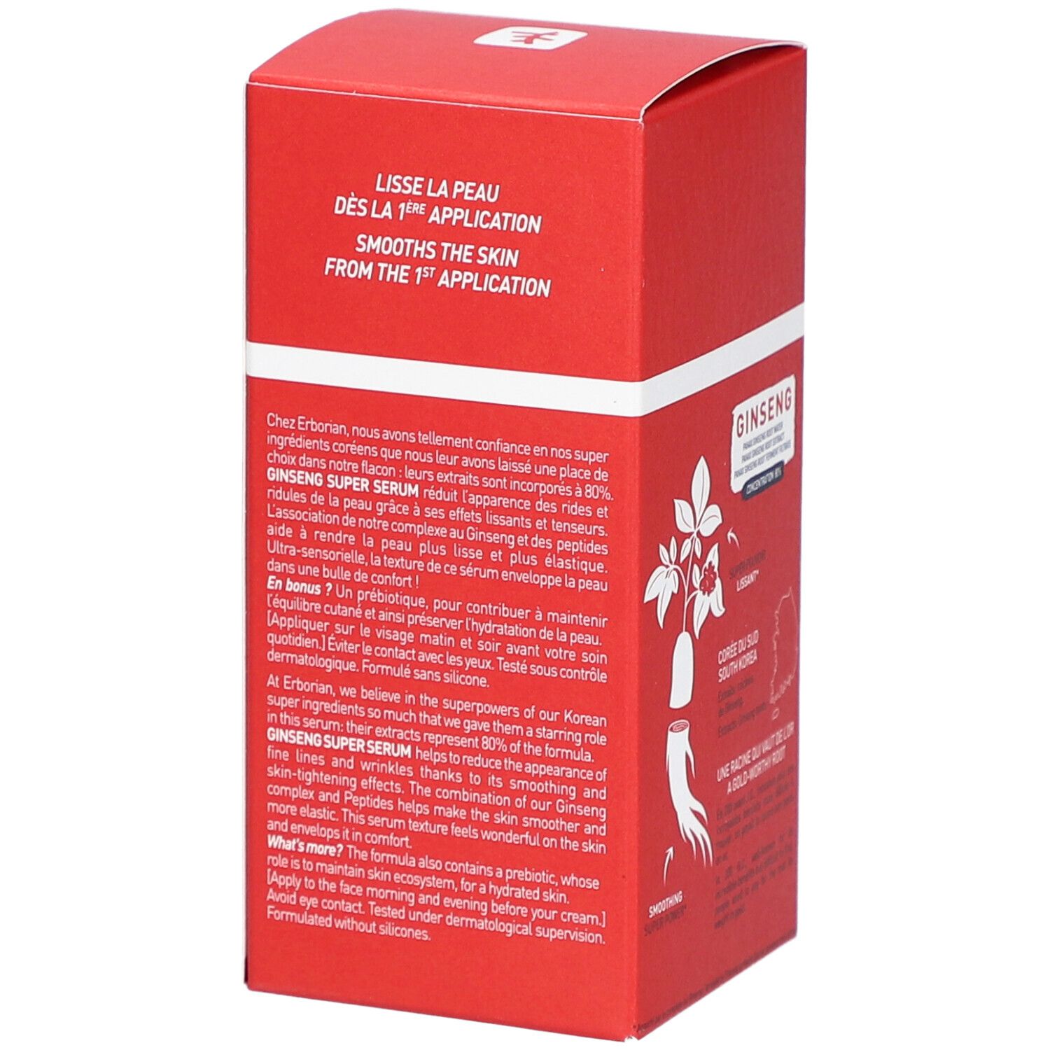 Rote Verpackung mit Text. "GINSENG SUPER SERUM" und "Smoothes the skin from the 1st application". Text über Inhaltsstoffe.