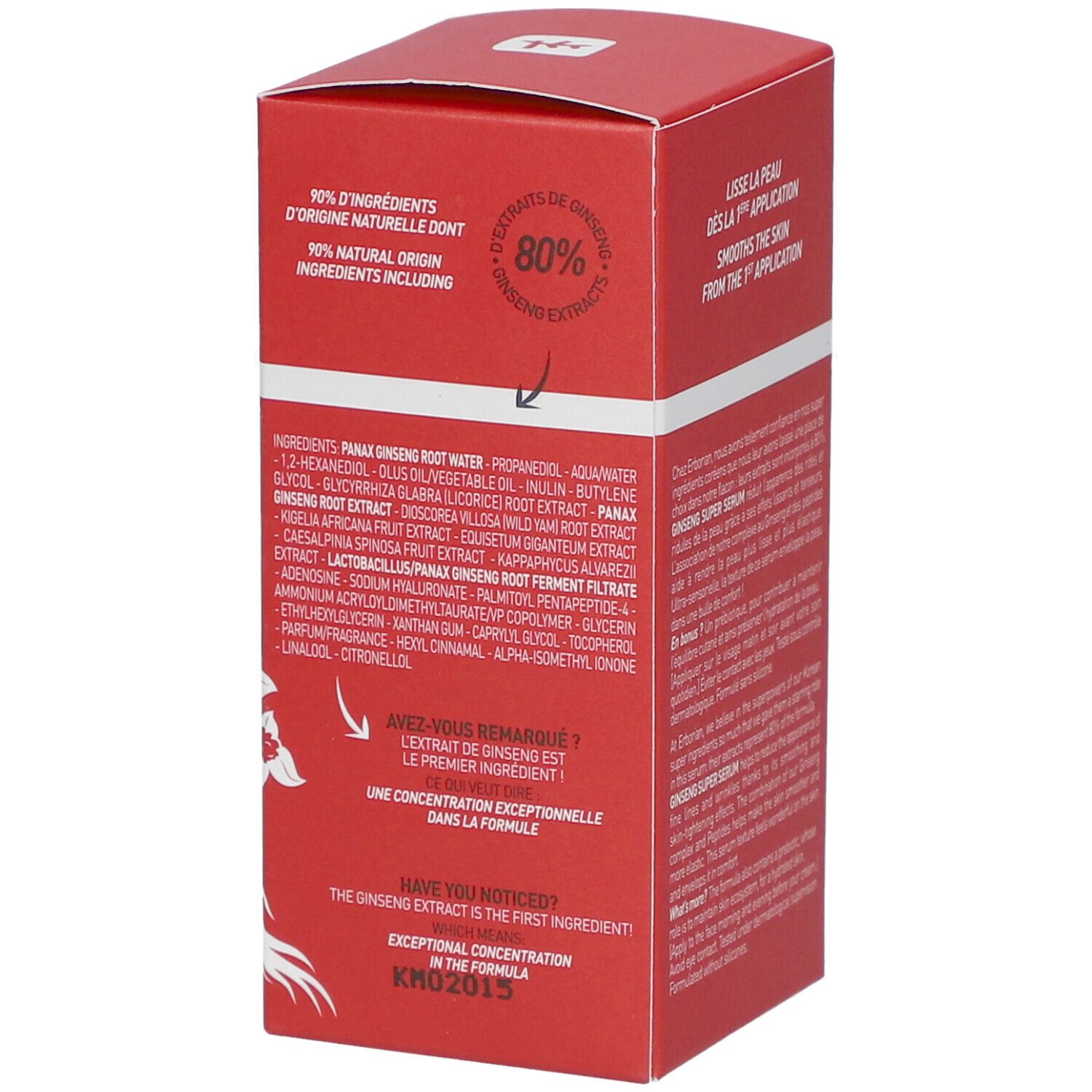 Rote Verpackung mit Text. Enthält 90% natürliche Inhaltsstoffe. Inhaltsstoffliste. "GINSENG SUPER SERUM".