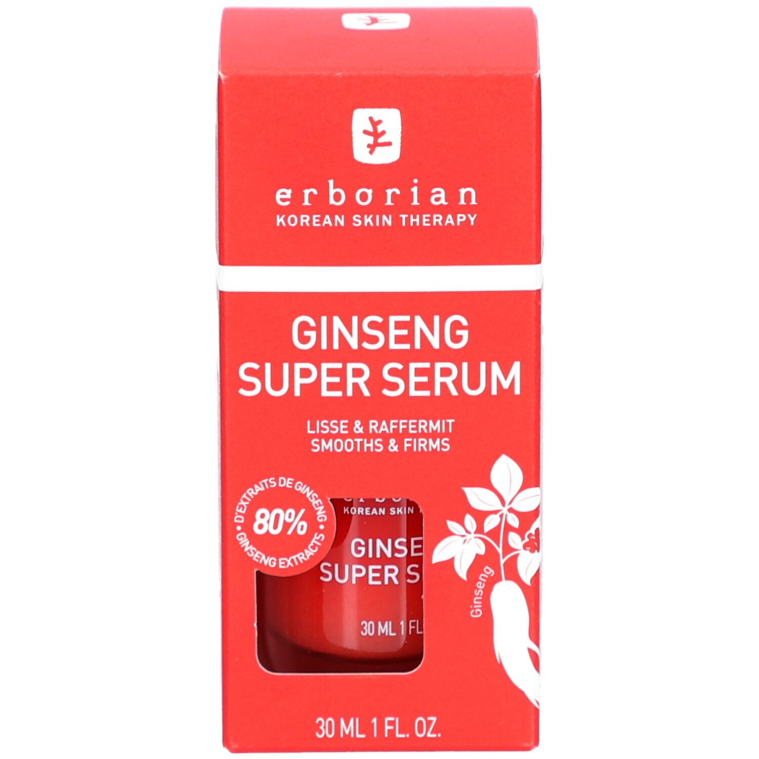 Rote Verpackung mit Produkt. "GINSENG SUPER SERUM" und Flasche. Enthält 80% Ginseng-Extrakt. 30 ml Flasche.