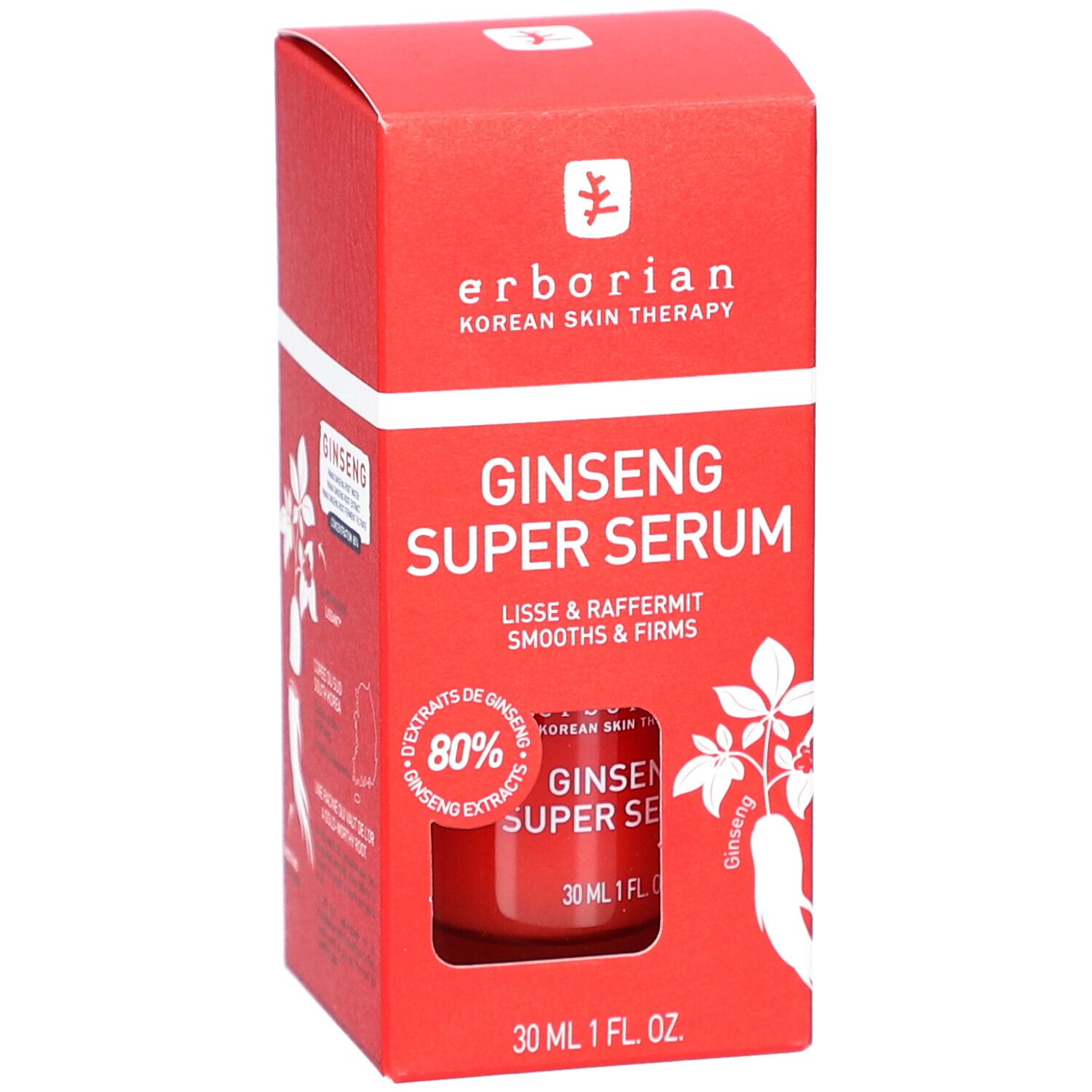 Rote Verpackung mit Produkt. "GINSENG SUPER SERUM" und Flasche. Enthält 80% Ginseng-Extrakt. 30 ml Flasche.