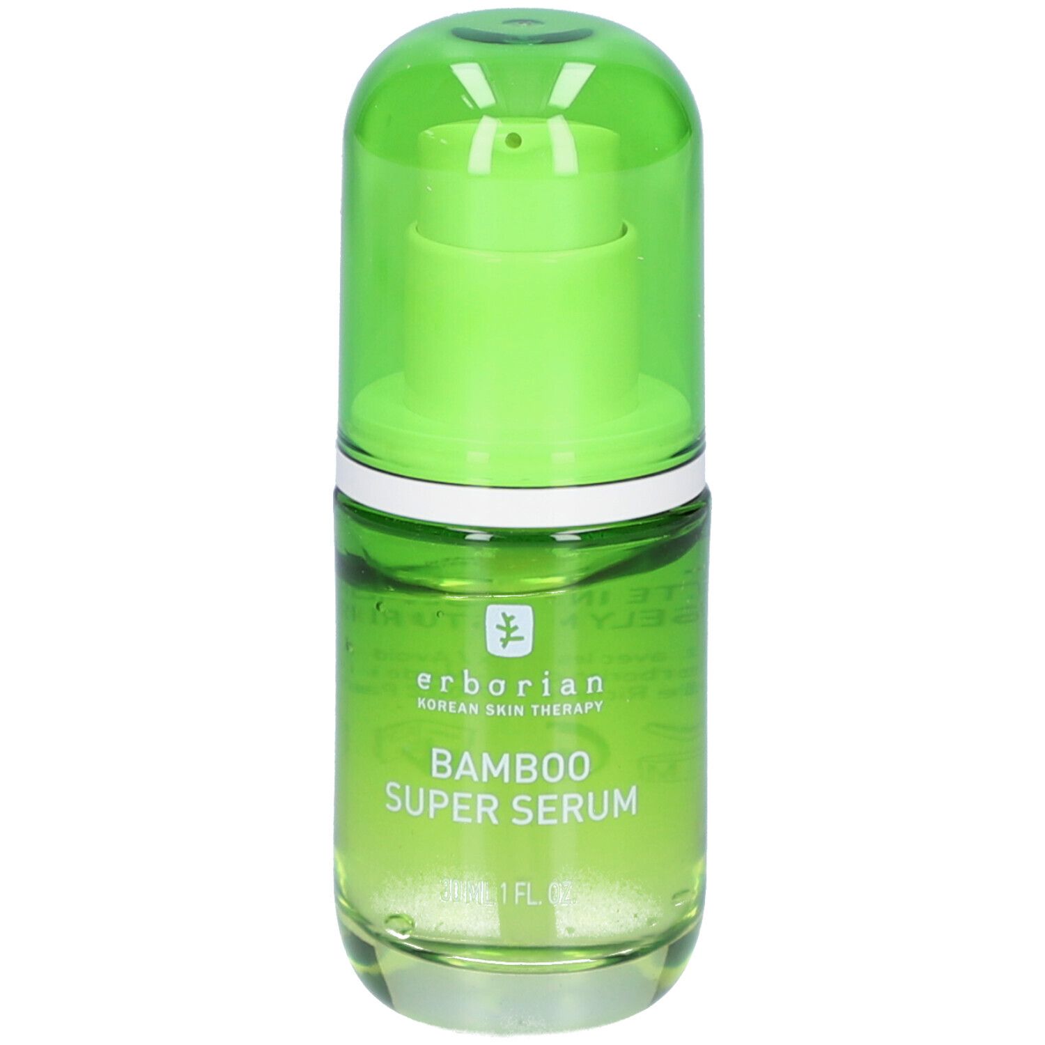 Grüne Glasflasche mit grünem Deckel. Aufschrift: erborian, Bamboo Super Serum. 30 ml.
