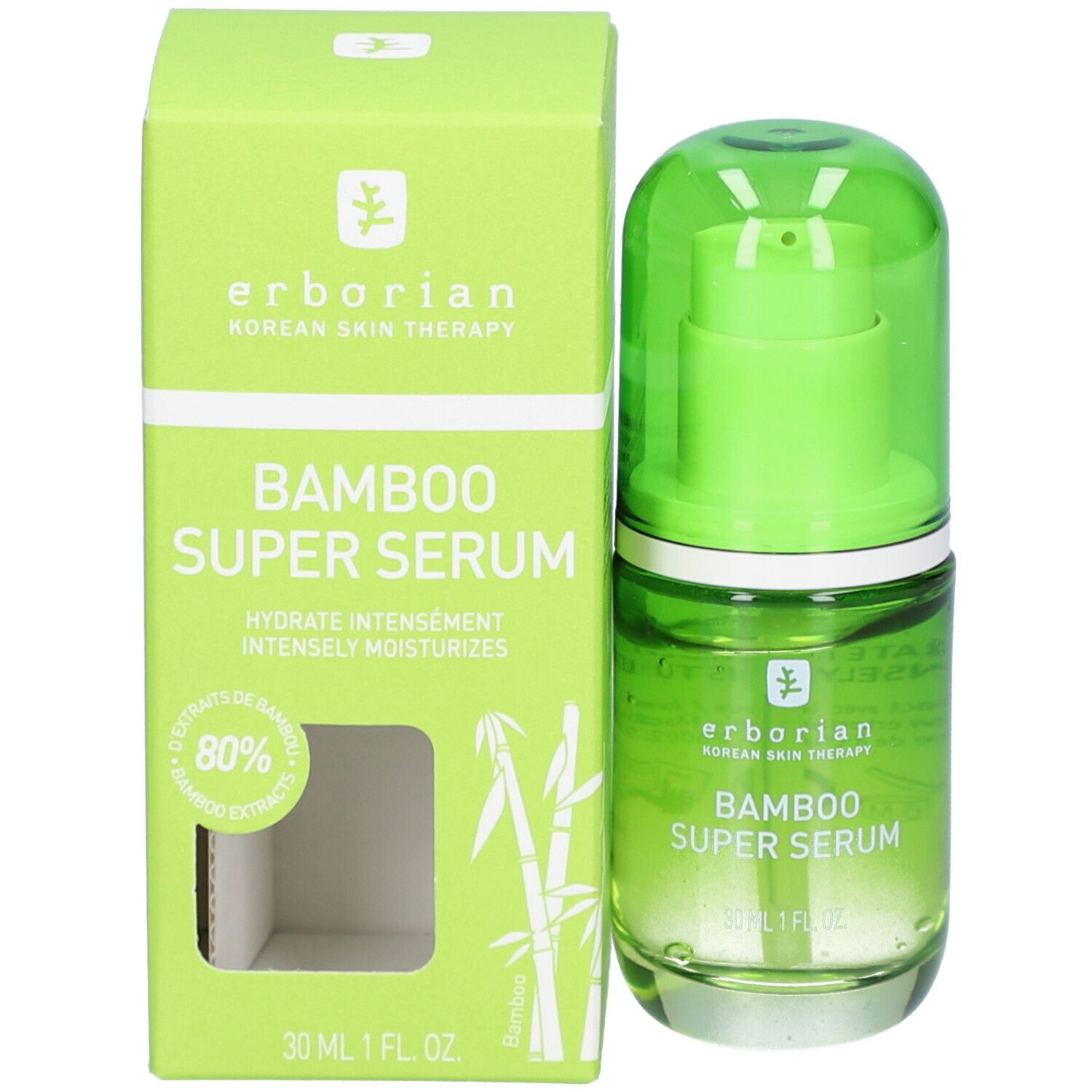Produkt und Verpackung. Grüne Schachtel und grüne Glasflasche. Aufschrift: erborian, Bamboo Super Serum. 30 ml.