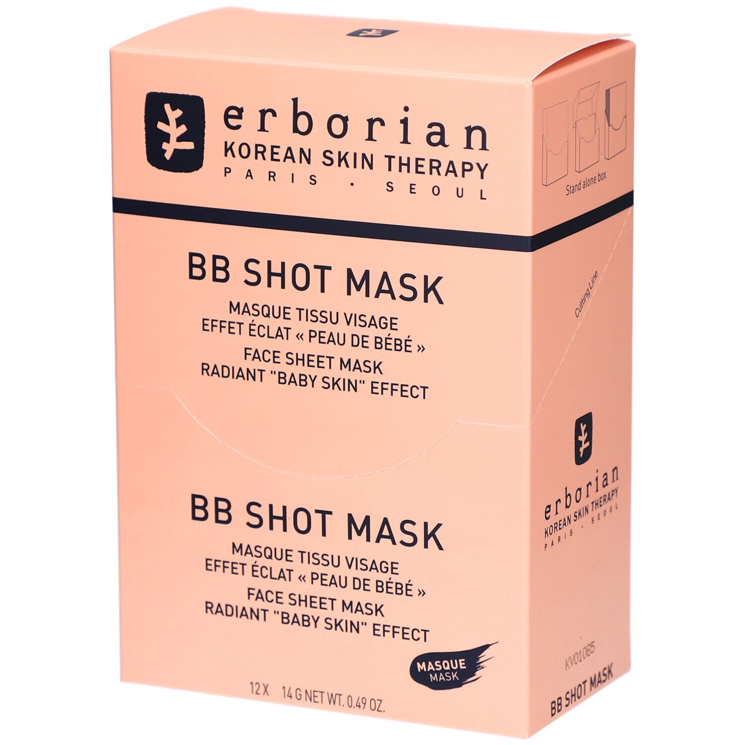 Rosa Verpackung mit Produktnamen BB Shot Mask. Text: Masque tissu visage, Face sheet mask, Radiant "Baby Skin" Effect. Marke: Erborian.