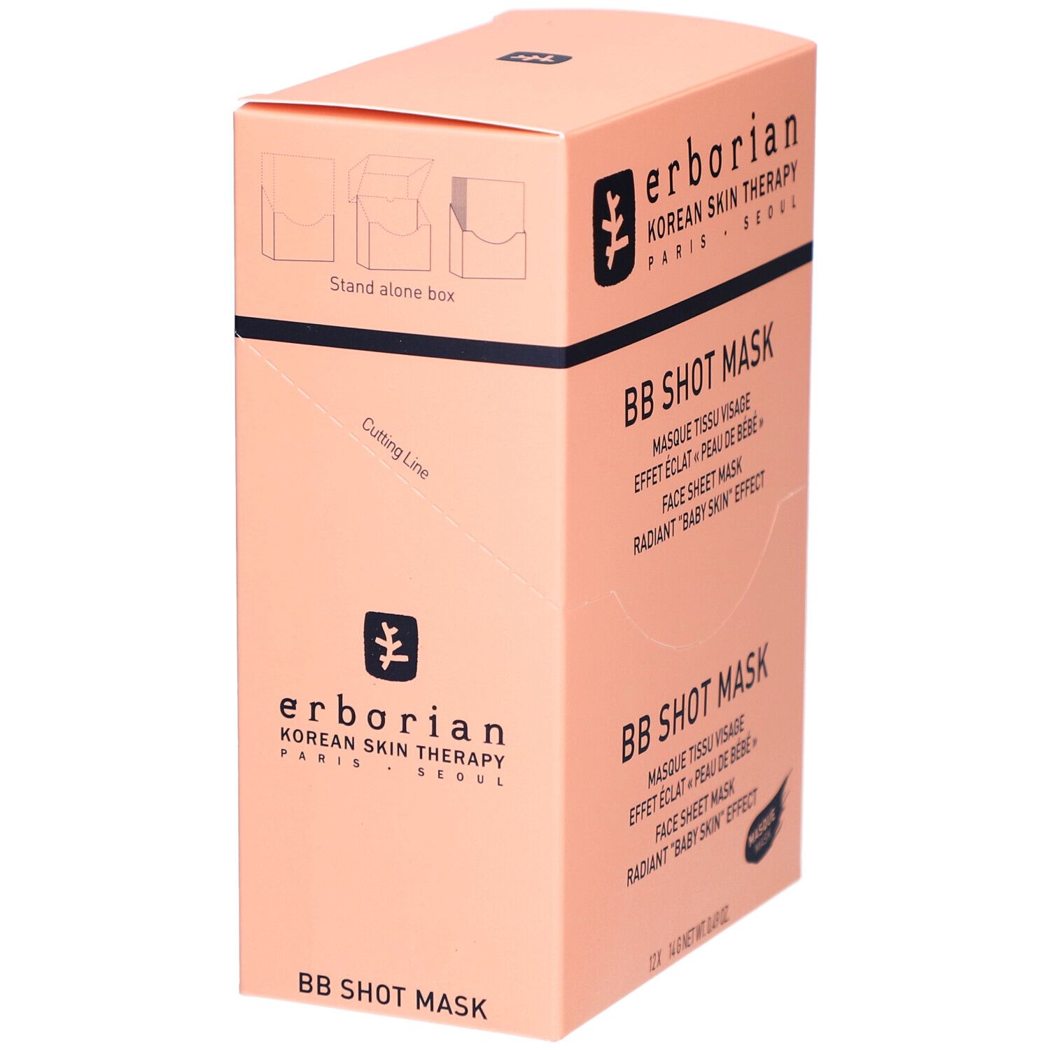 Rosa Verpackung mit Produktnamen BB Shot Mask. Text: Masque tissu visage, Face sheet mask, Radiant "Baby Skin" Effect. Marke: Erborian. Ansicht schräg.