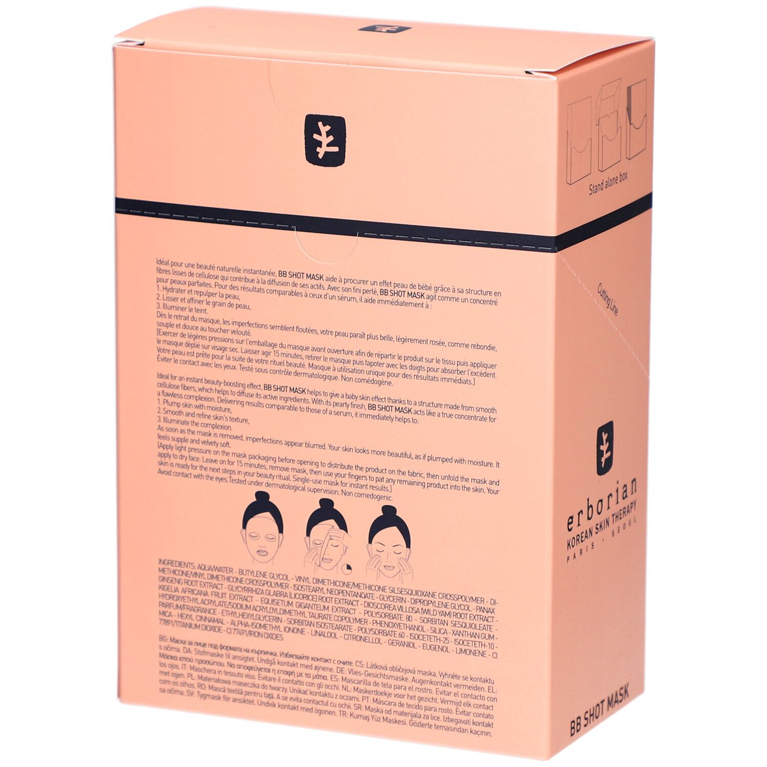 Rückseite der rosa Verpackung mit Produktinformationen und Anwendungsbeispielen. Marke: Erborian. Text in mehreren Sprachen.