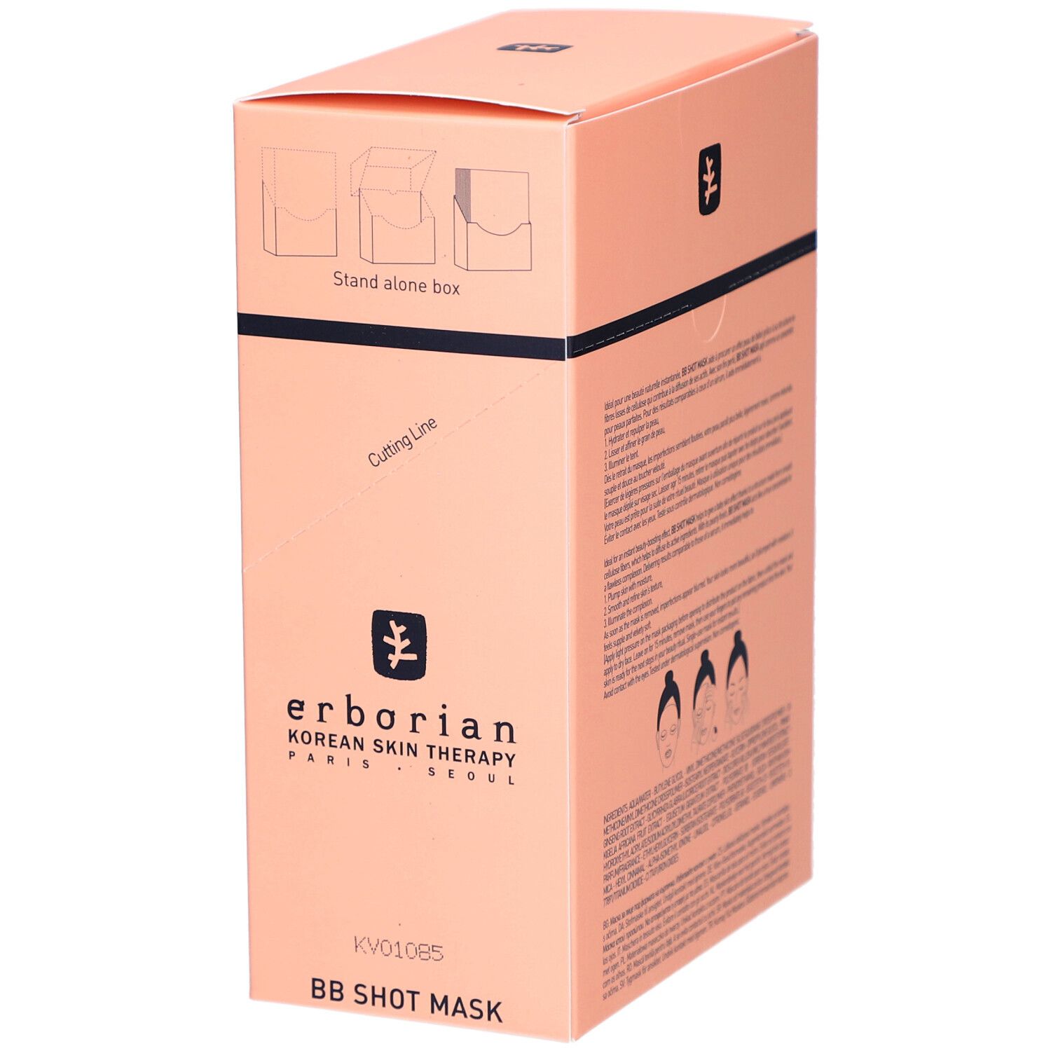 Rosa Verpackung mit Produktnamen BB Shot Mask. Text: Masque tissu visage, Face sheet mask, Radiant "Baby Skin" Effect. Marke: Erborian. Ansicht schräg.