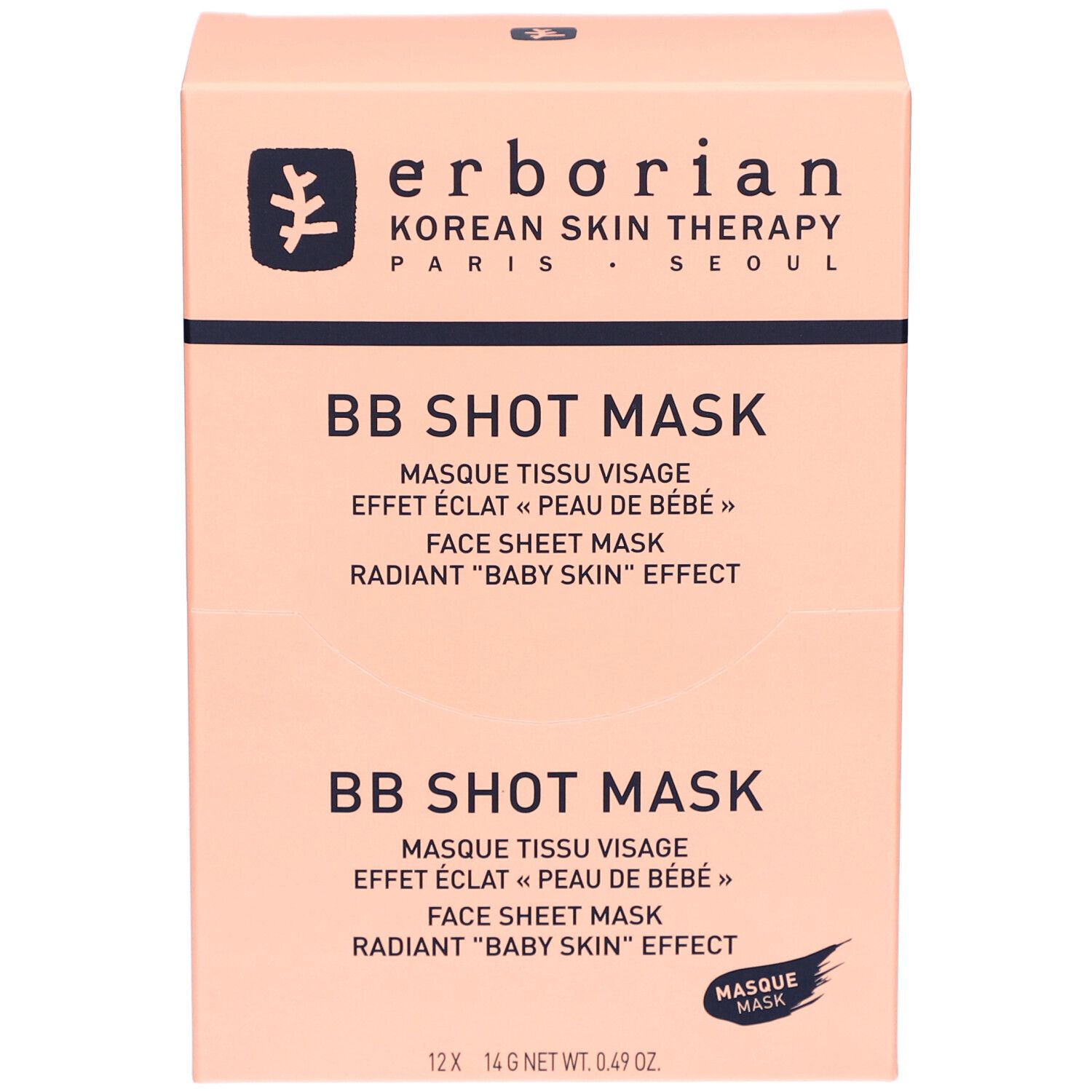 Rosa Verpackung mit Produktnamen BB Shot Mask. Text: Masque tissu visage, Face sheet mask, Radiant "Baby Skin" Effect. Marke: Erborian.