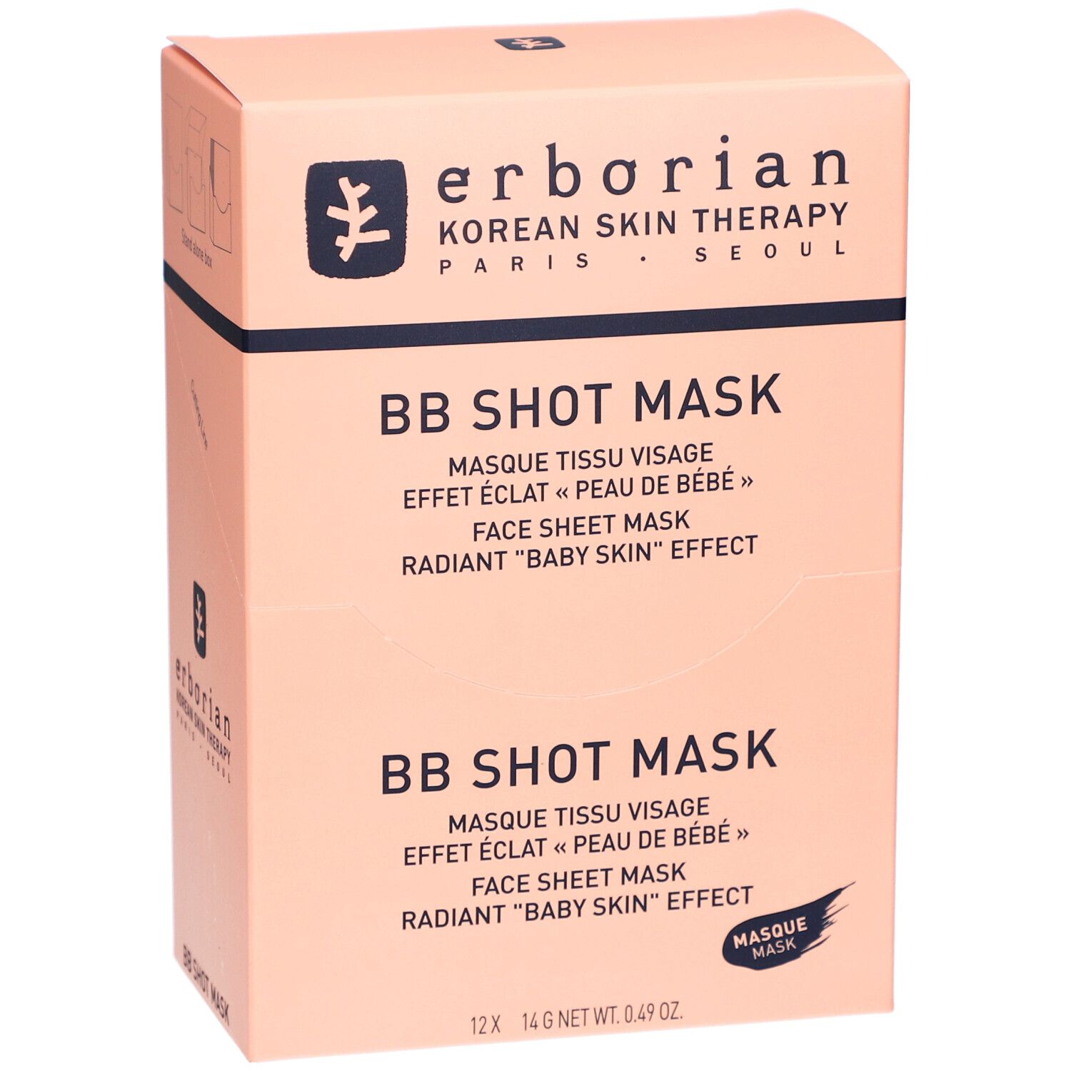Rosa Verpackung mit Produktnamen BB Shot Mask. Text: Masque tissu visage, Face sheet mask, Radiant "Baby Skin" Effect. Marke: Erborian.