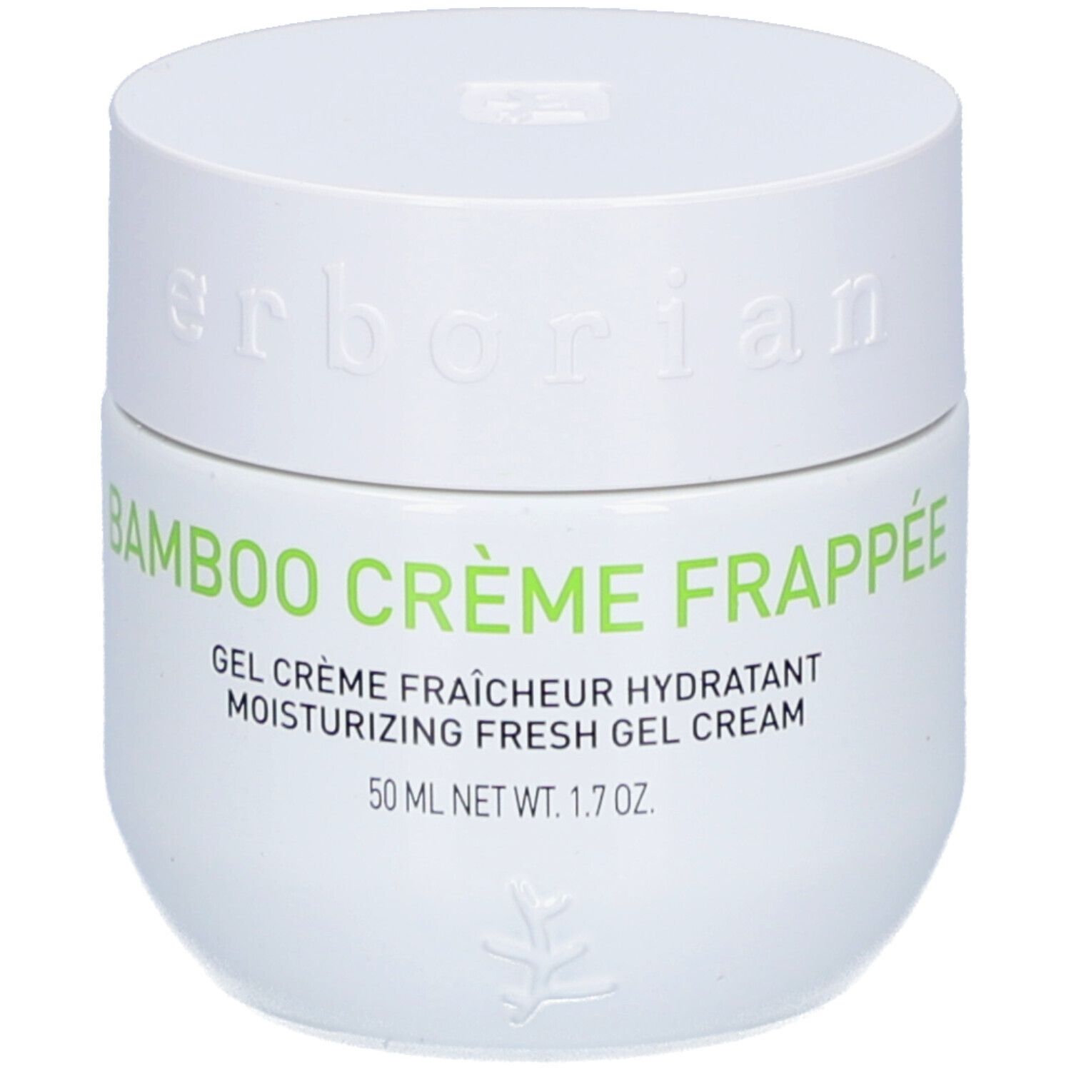 Weißer Tiegel mit grünem Schriftzug Bamboo Crème Frappée. Text: Gel Crème Fraîcheur Hydratant, 50 ml.