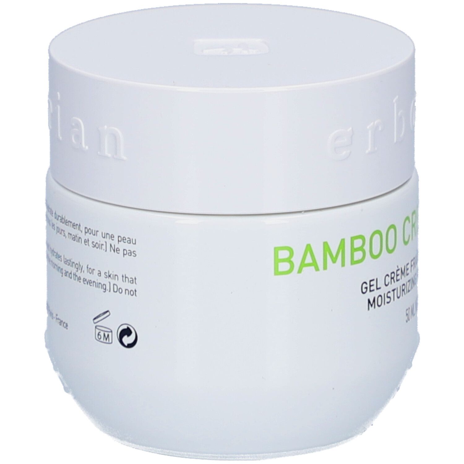 Weißer Tiegel mit grünem Schriftzug Bamboo Crème Frappée. Text: Gel Crème Fraîcheur Hydratant, 50 ml.