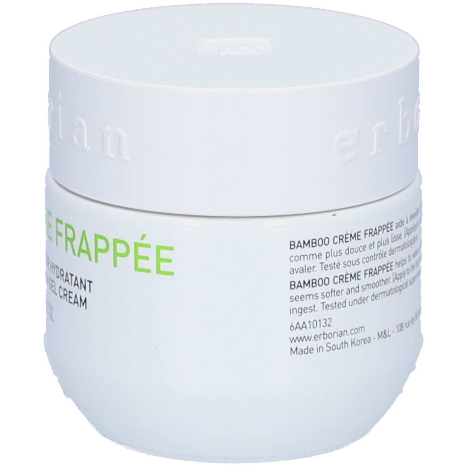 Weißer Tiegel mit grünem Schriftzug Bamboo Crème Frappée. Text: Gel Crème Fraîcheur Hydratant, 50 ml.
