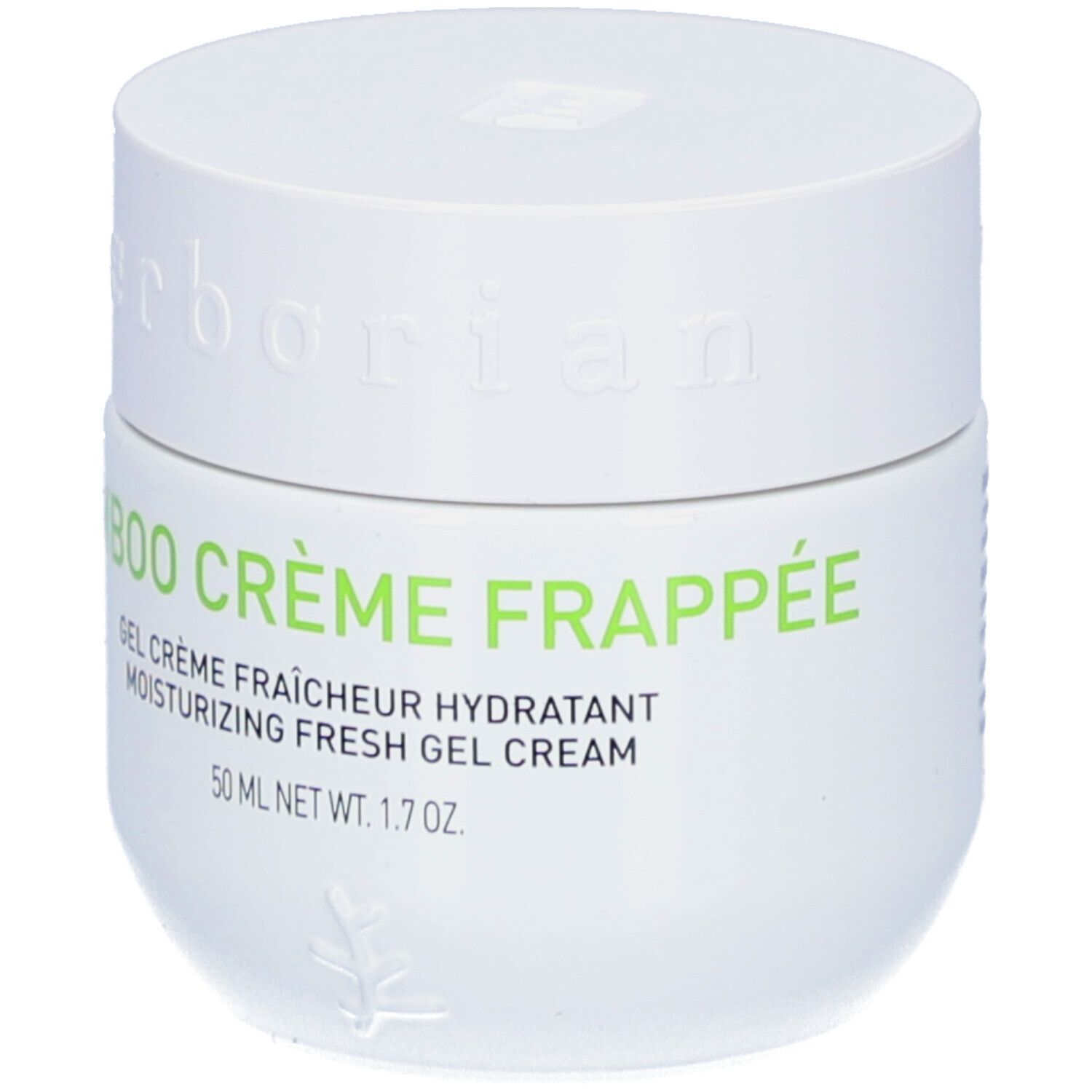 Weißer Tiegel mit grünem Schriftzug Bamboo Crème Frappée. Text: Gel Crème Fraîcheur Hydratant, 50 ml.