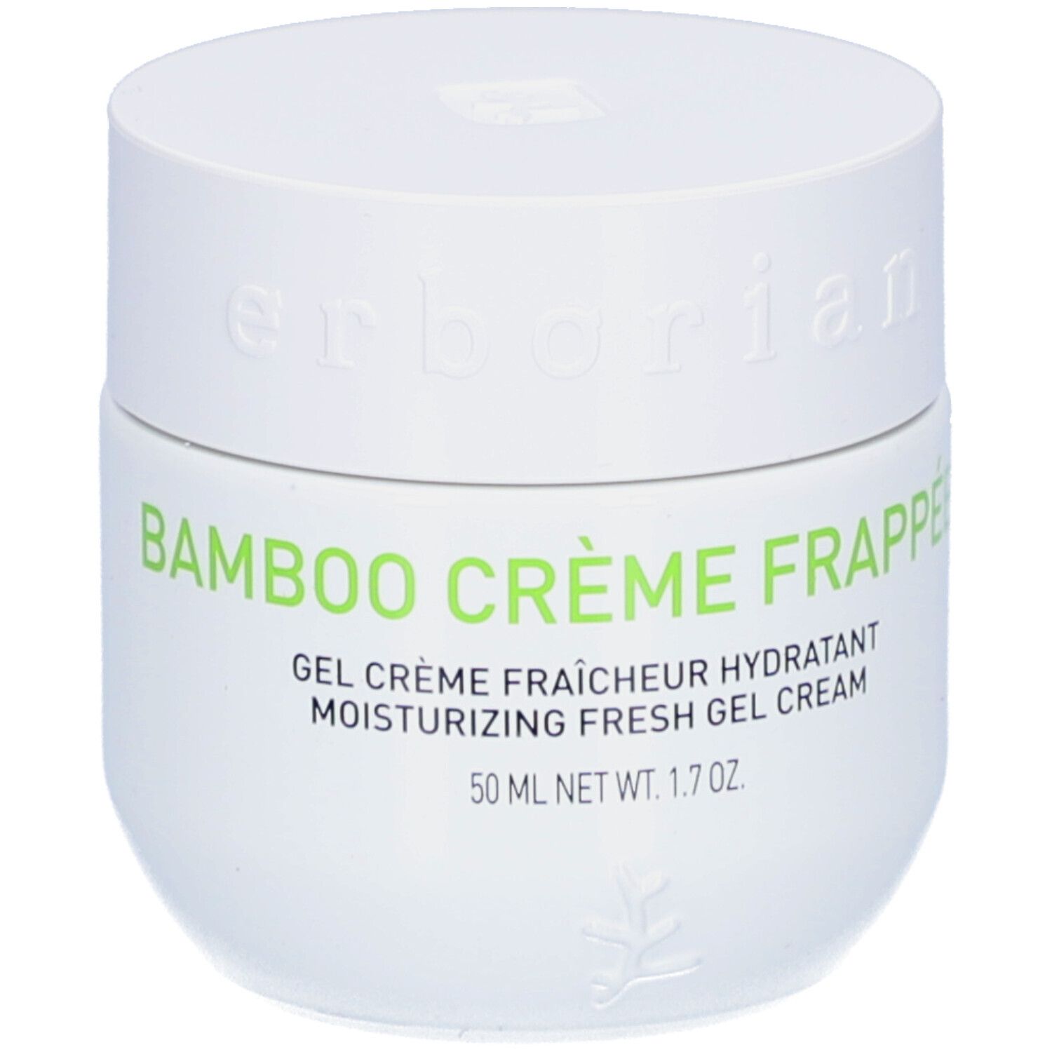 Weißer Tiegel mit grünem Schriftzug Bamboo Crème Frappée. Text: Gel Crème Fraîcheur Hydratant, 50 ml.