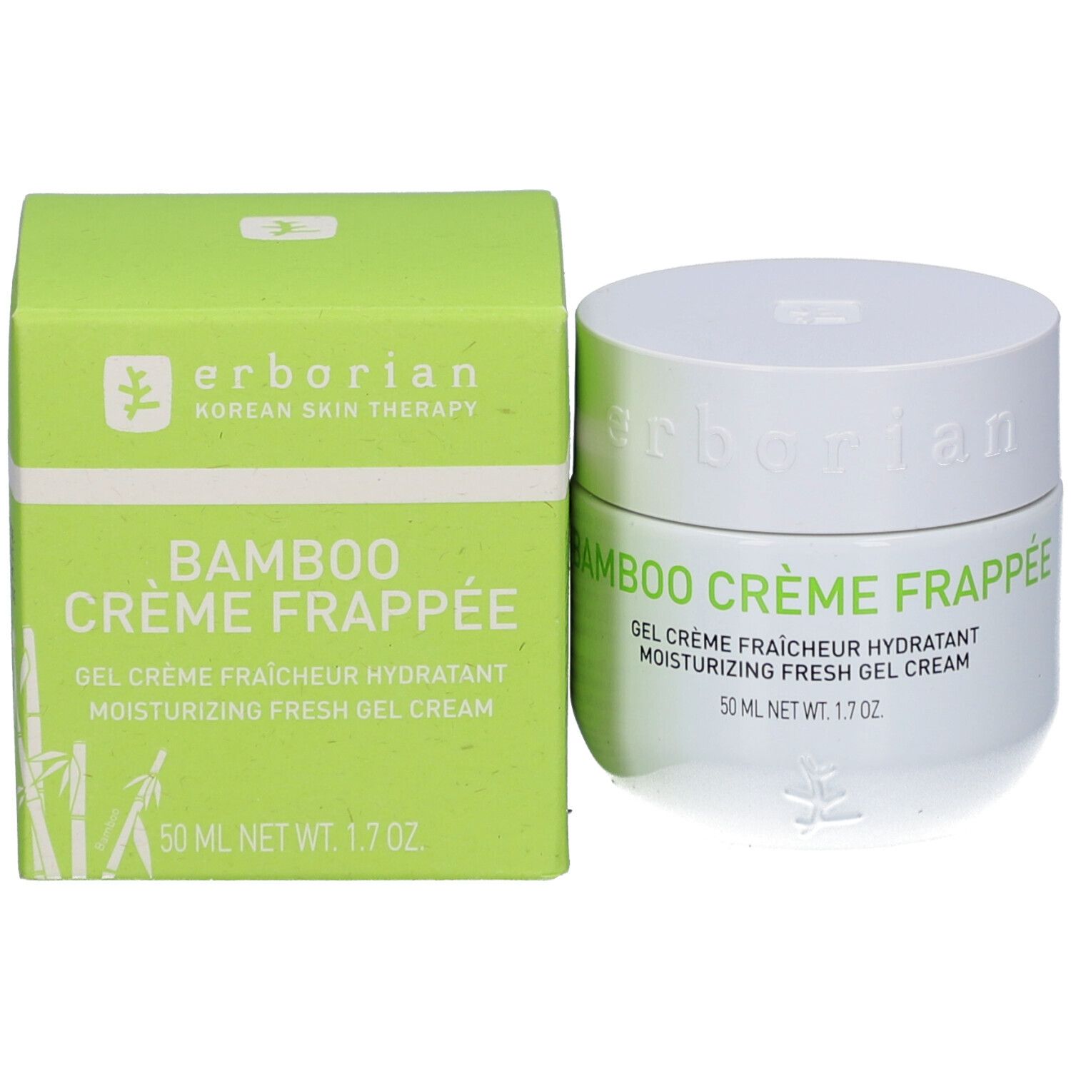 Produktverpackung und Tiegel. Grüne Schachtel mit Schriftzug Bamboo Crème Frappée. Tiegel daneben.