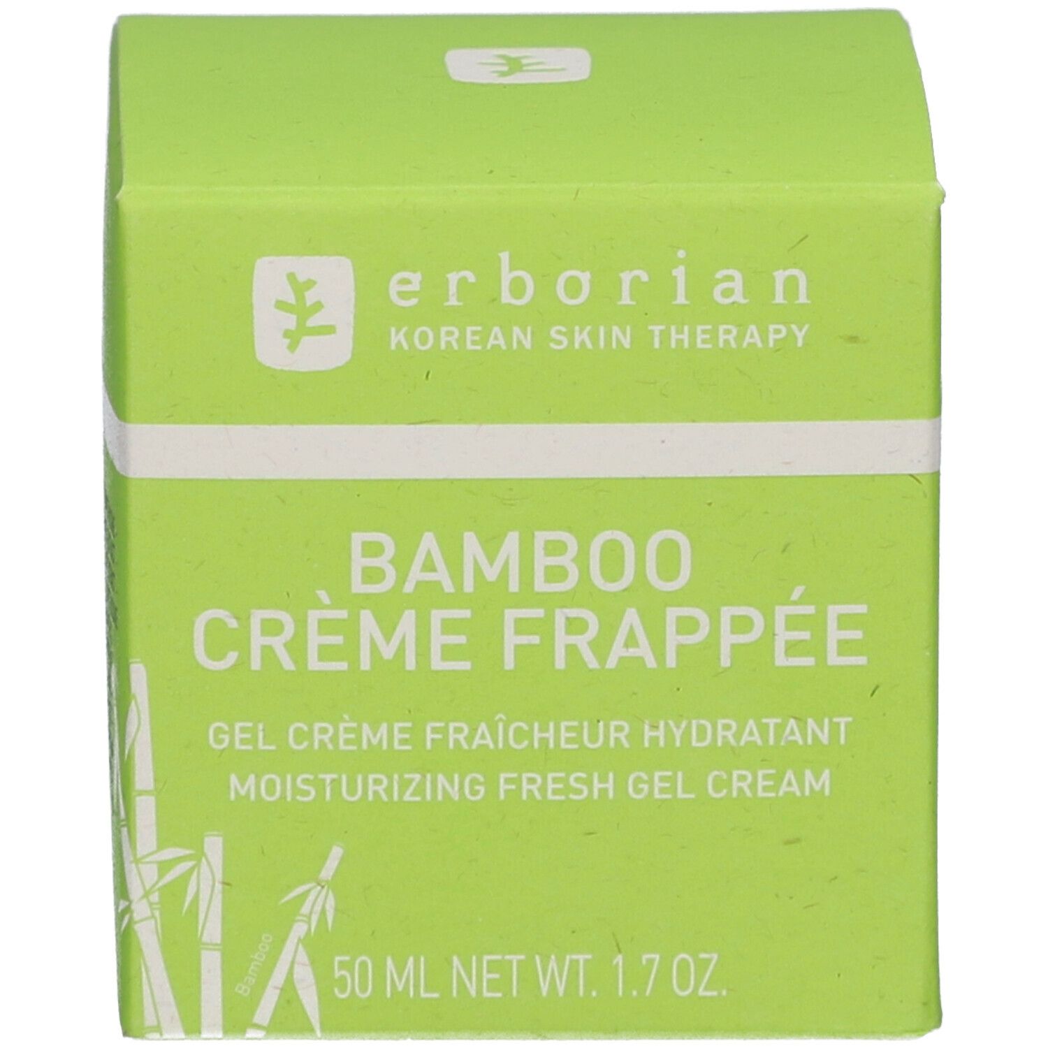 Grüne Schachtel mit Schriftzug Bamboo Crème Frappée. Text: Gel Crème Fraîcheur Hydratant, 50 ml.