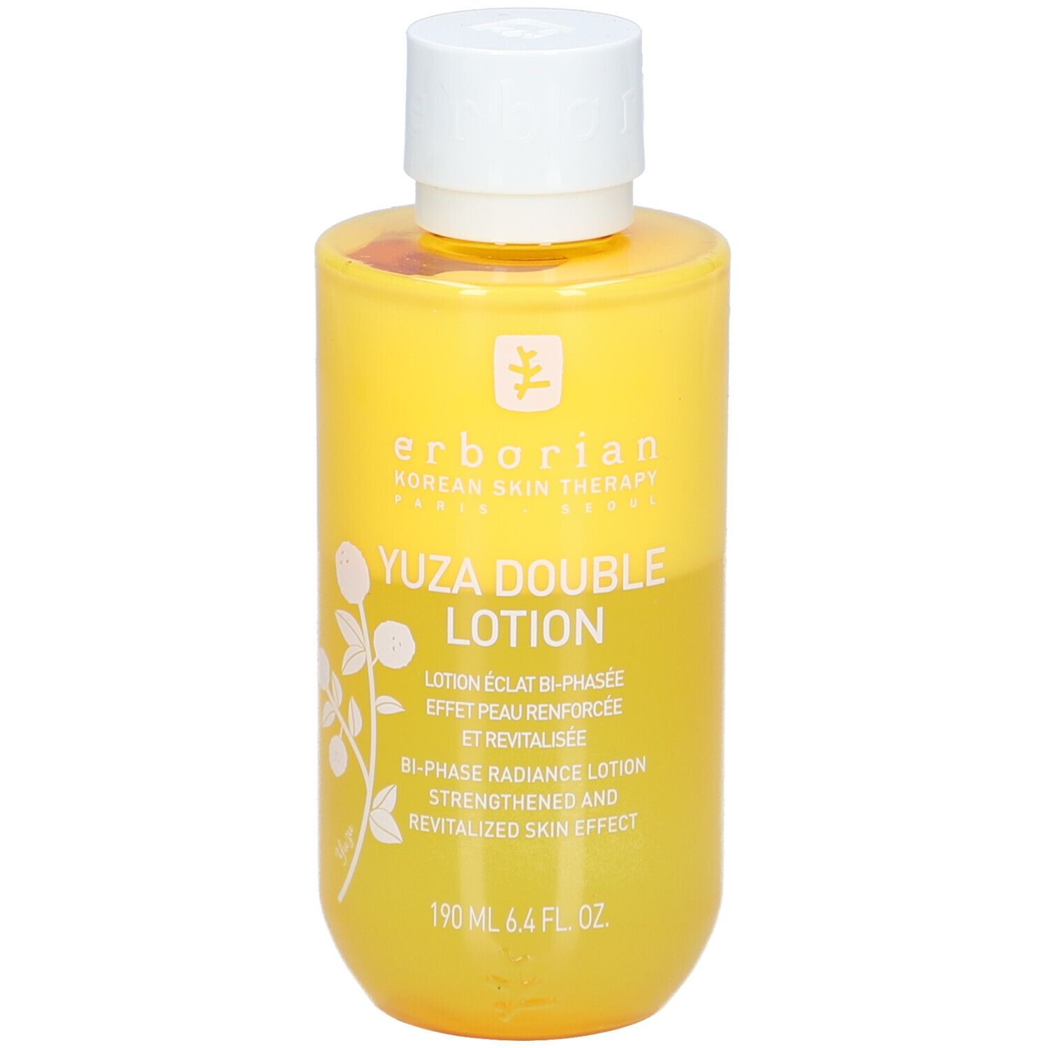 Gelbe Flasche mit weißem Deckel. Aufschrift: Yuza Double Lotion. 190 ml.