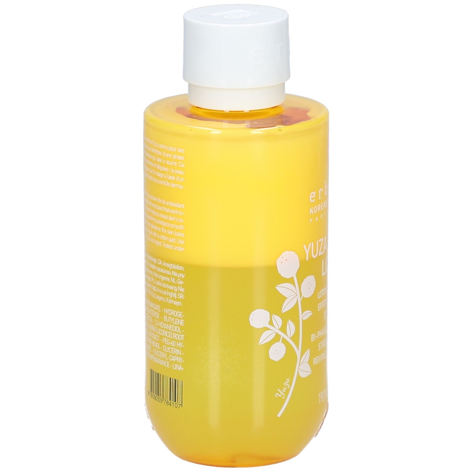 Gelbe Flasche mit weißem Deckel. Rückseite mit Text. Yuza Double Lotion.