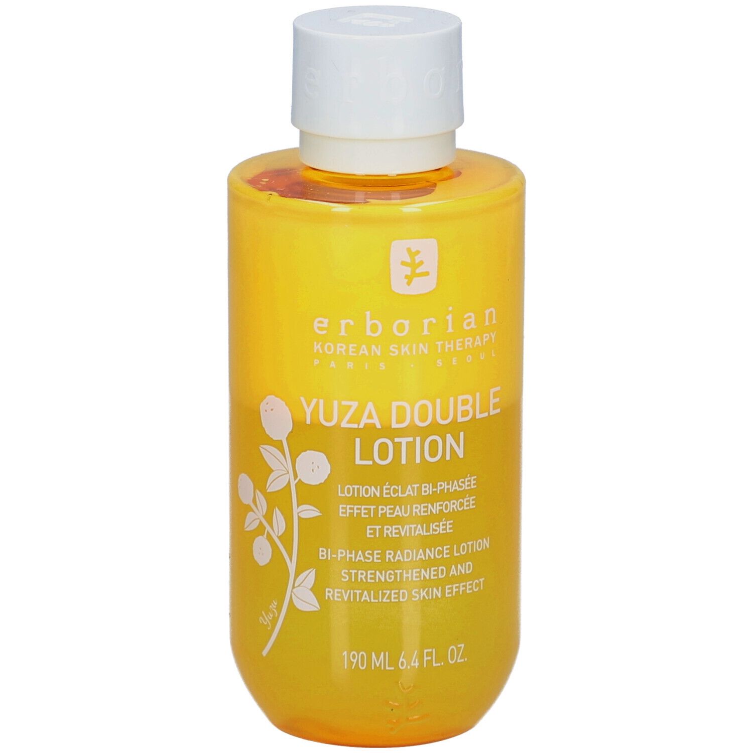 Gelbe Flasche mit weißem Deckel. Aufschrift: Yuza Double Lotion. 190 ml.