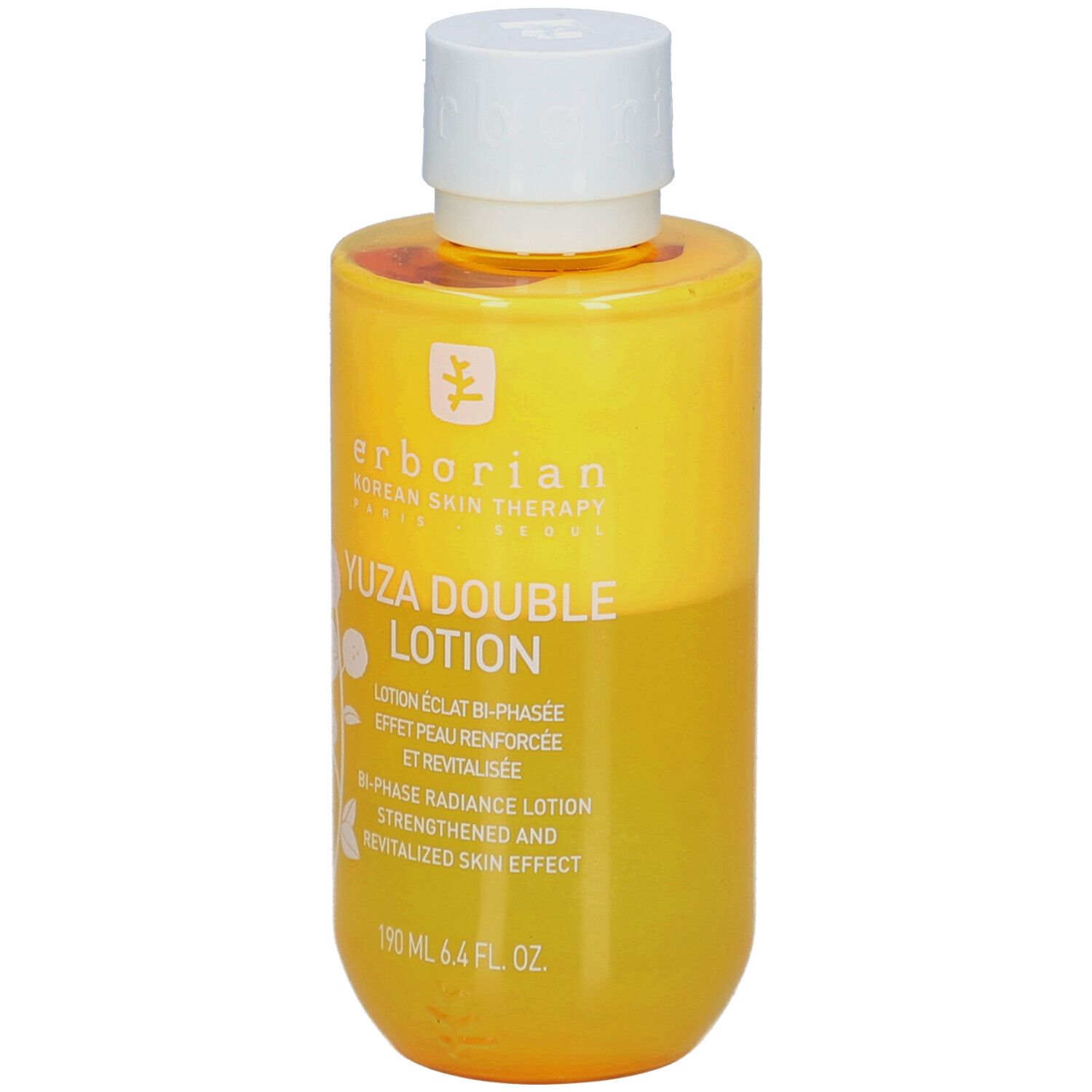 Gelbe Flasche mit weißem Deckel. Aufschrift: Yuza Double Lotion. 190 ml.