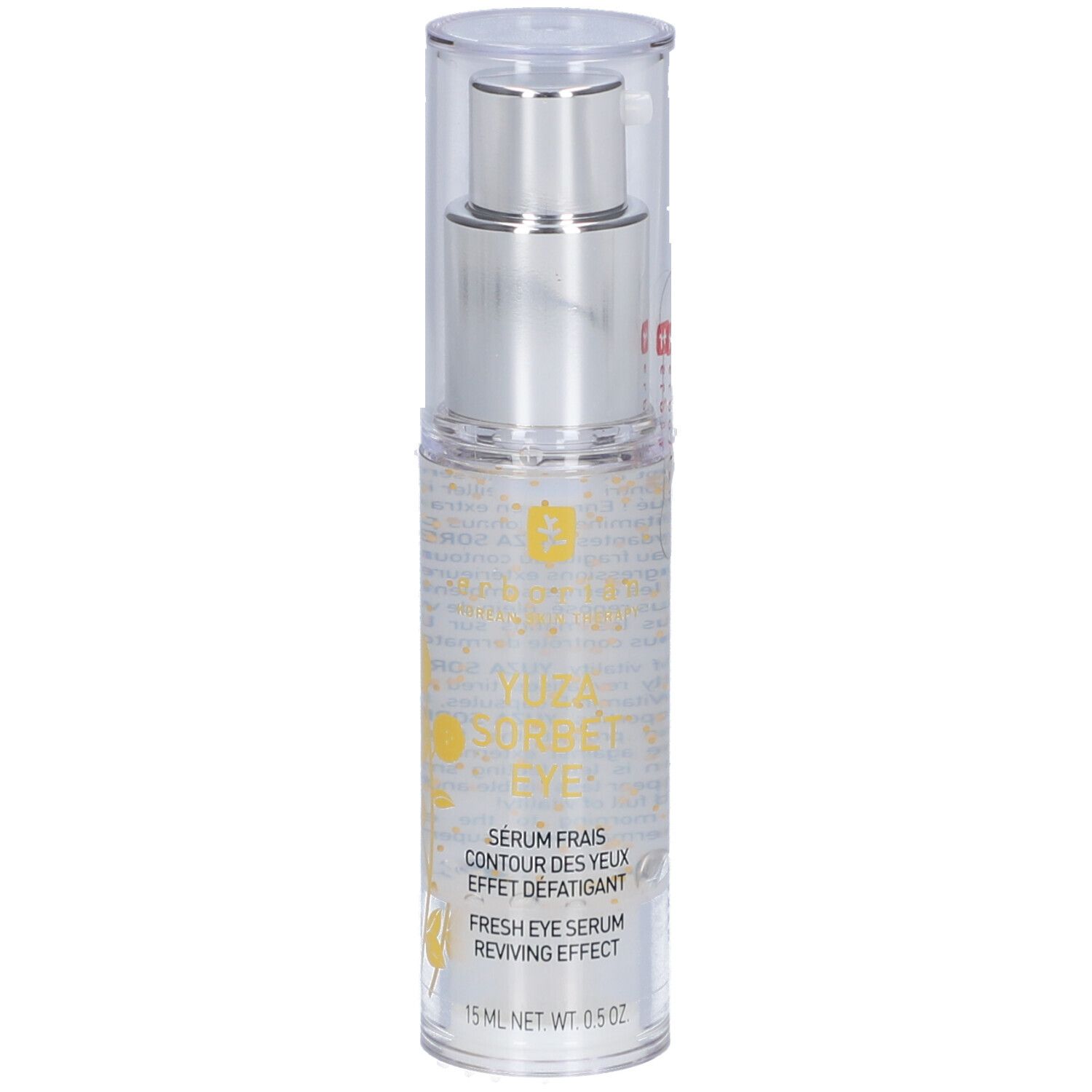 Transparente Flasche mit silbernem Pumpkopf. Aufschrift: Yuza Sorbet Eye, Serum frais contour des yeux, 15 ml.