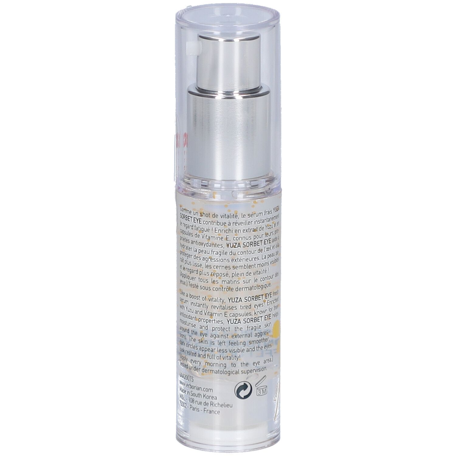 Transparente Flasche mit silbernem Pumpkopf. Rückseite mit Text, darunter ein Logo und Informationen.