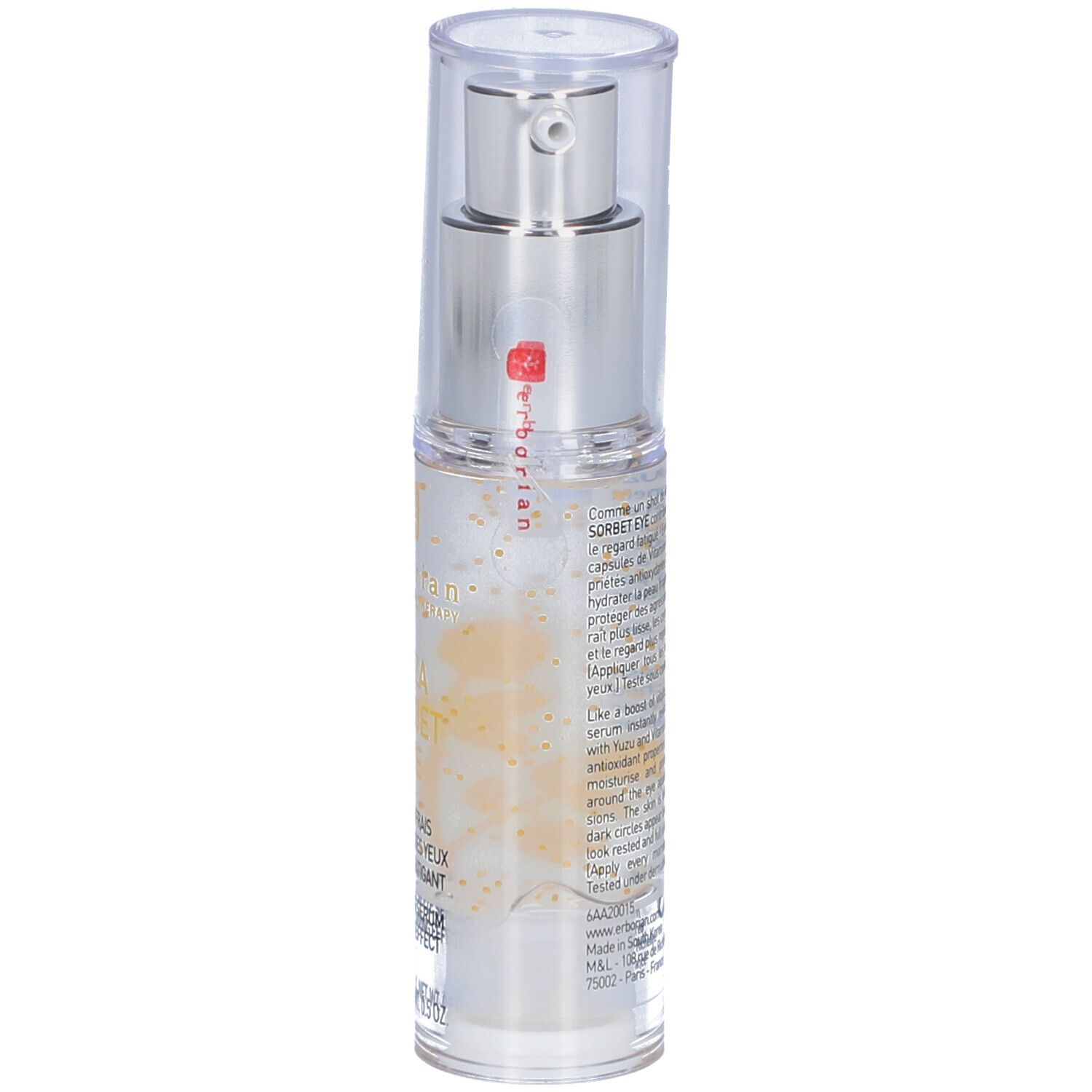 Transparente Flasche mit silbernem Pumpkopf. Aufschrift: Erborian. Rückseite mit Text.
