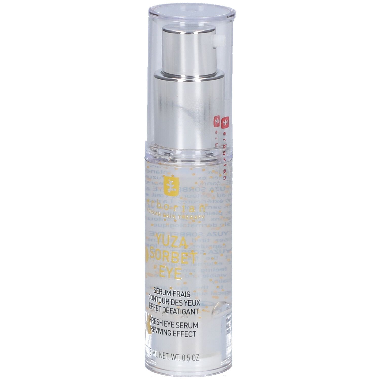 Transparente Flasche mit silbernem Pumpkopf. Aufschrift: Yuza Sorbet Eye, Serum frais contour des yeux, 15 ml.