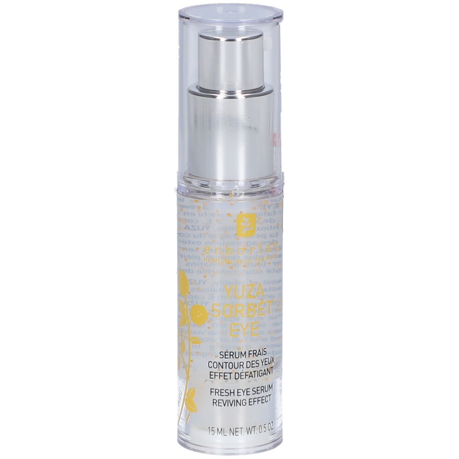Transparente Flasche mit silbernem Pumpkopf. Aufschrift: Yuza Sorbet Eye, Serum frais contour des yeux, 15 ml.
