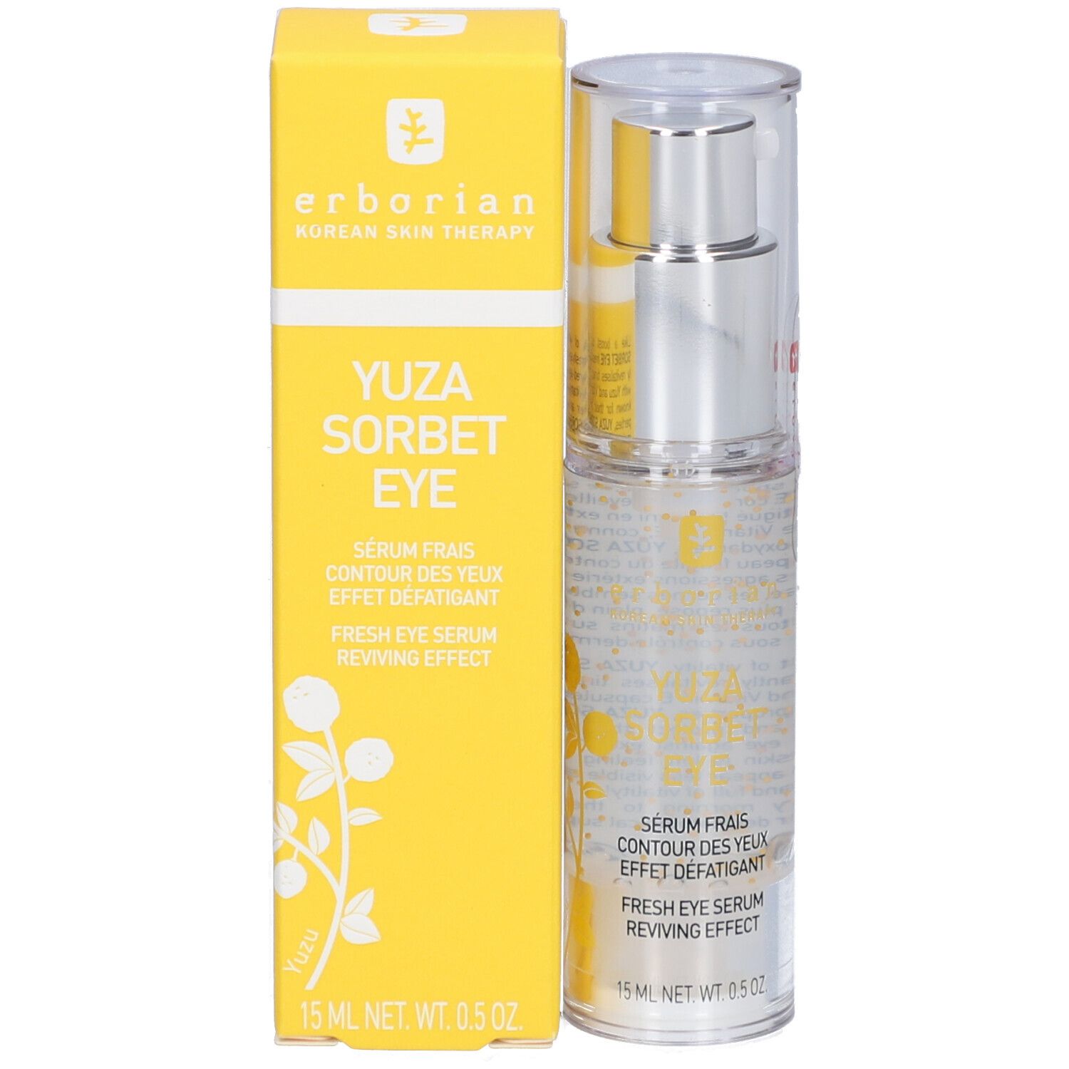 Gelbe Schachtel mit Flasche. Aufschrift: Erborian, Yuza Sorbet Eye, Serum frais contour des yeux, 15 ml.
