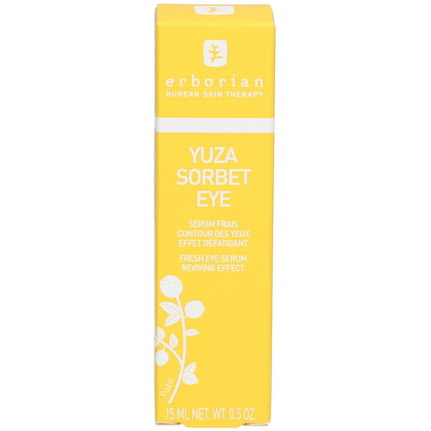 Gelbe Schachtel. Aufschrift: Erborian, Yuza Sorbet Eye, Serum frais contour des yeux, 15 ml.