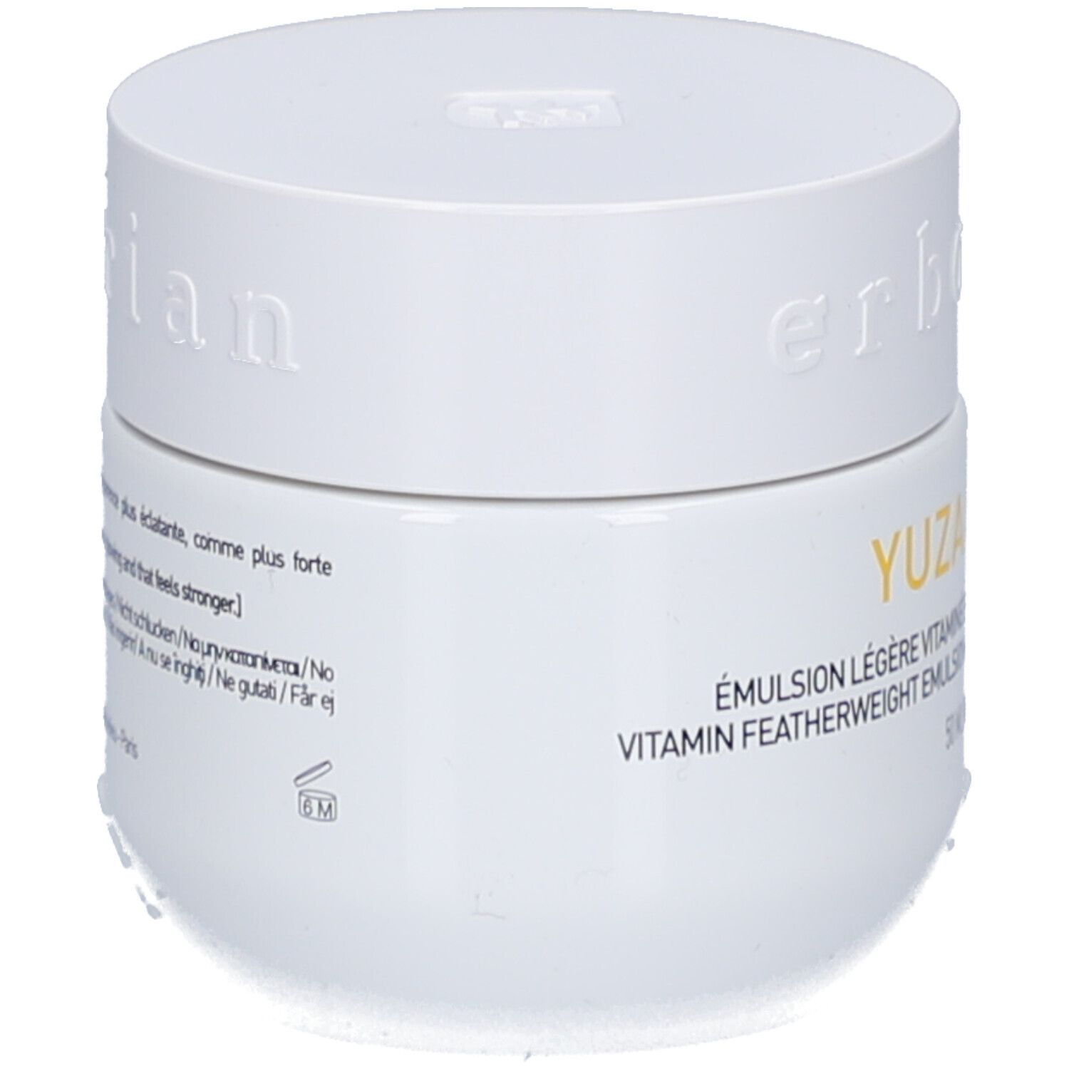 Weißer Tiegel mit Deckel. Aufschrift: YUZA, Vitamin Featherweight Emulsion. Marke: Erborian.