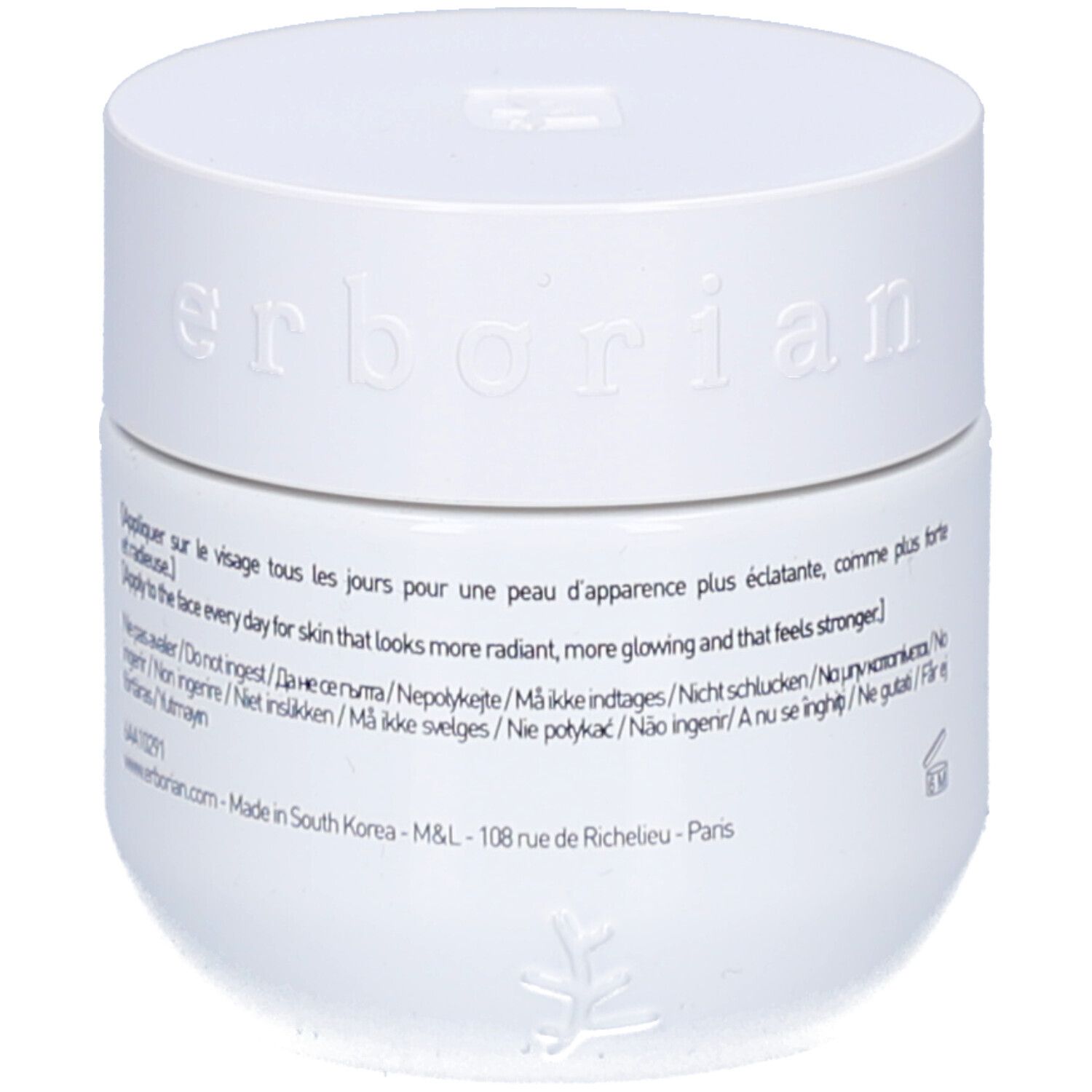 Weißer Tiegel mit Deckel. Aufschrift: Erborian. Text in Französisch und Englisch. Hergestellt in Südkorea.