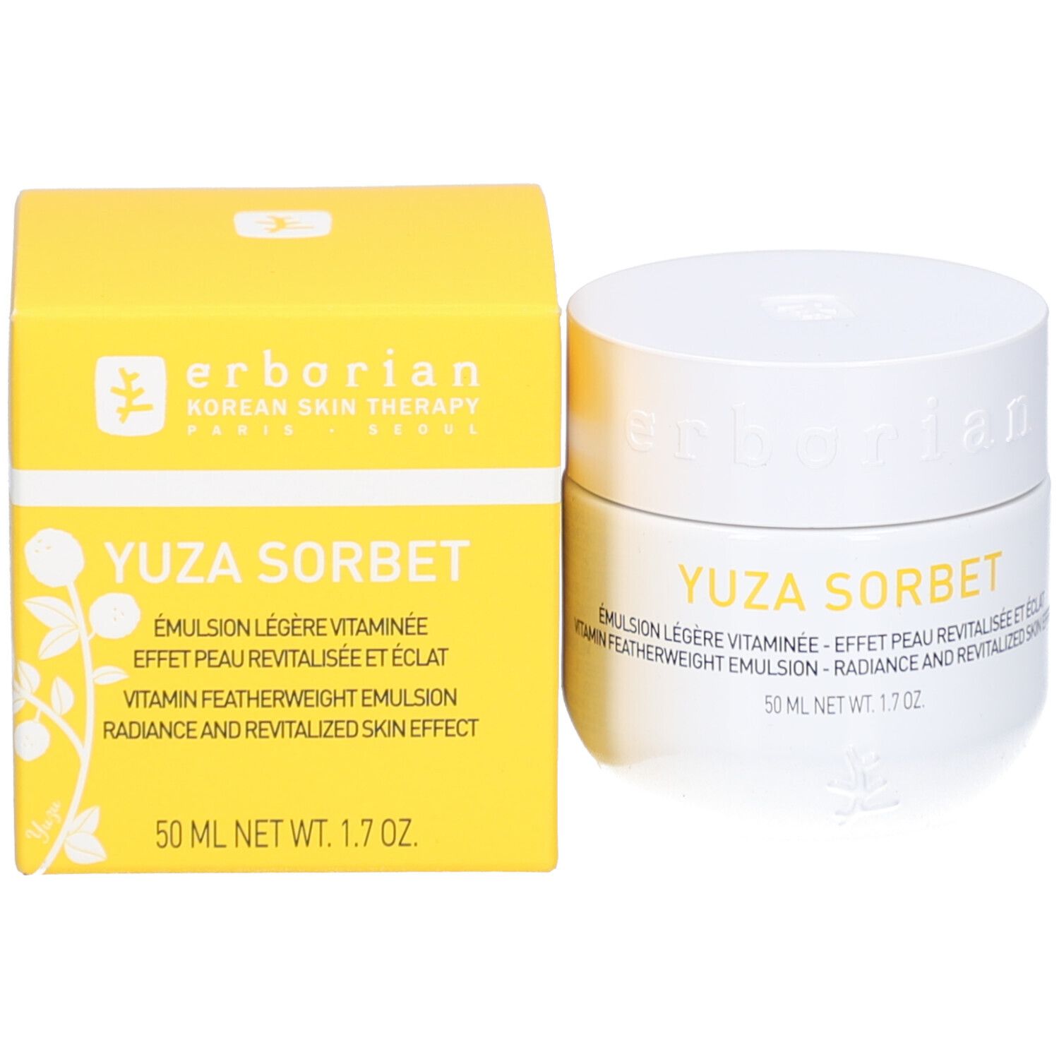 Produktverpackung und Tiegel. Aufschrift: YUZA SORBET, 50 ml. Marke: Erborian.