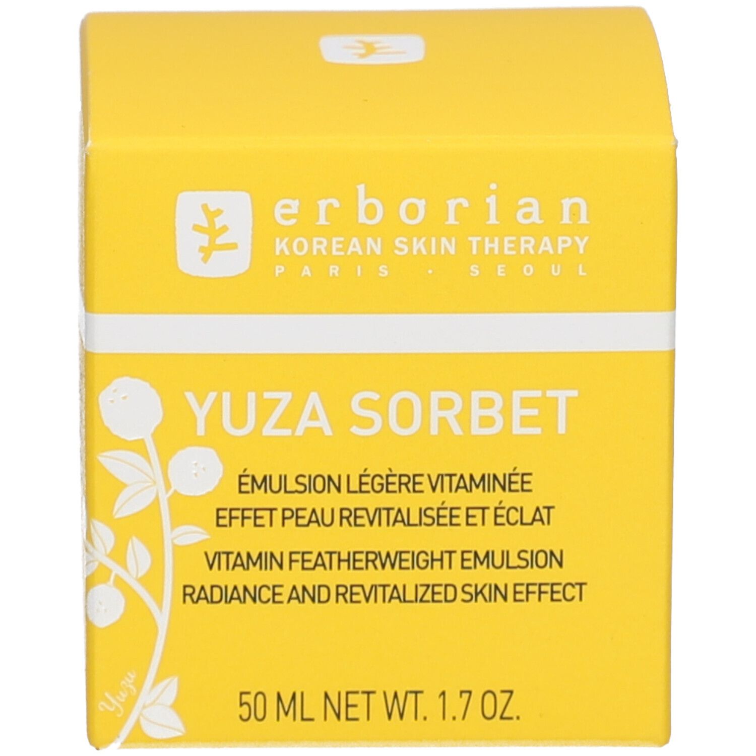 Gelbe Produktverpackung. Aufschrift: YUZA SORBET, 50 ml. Marke: Erborian.